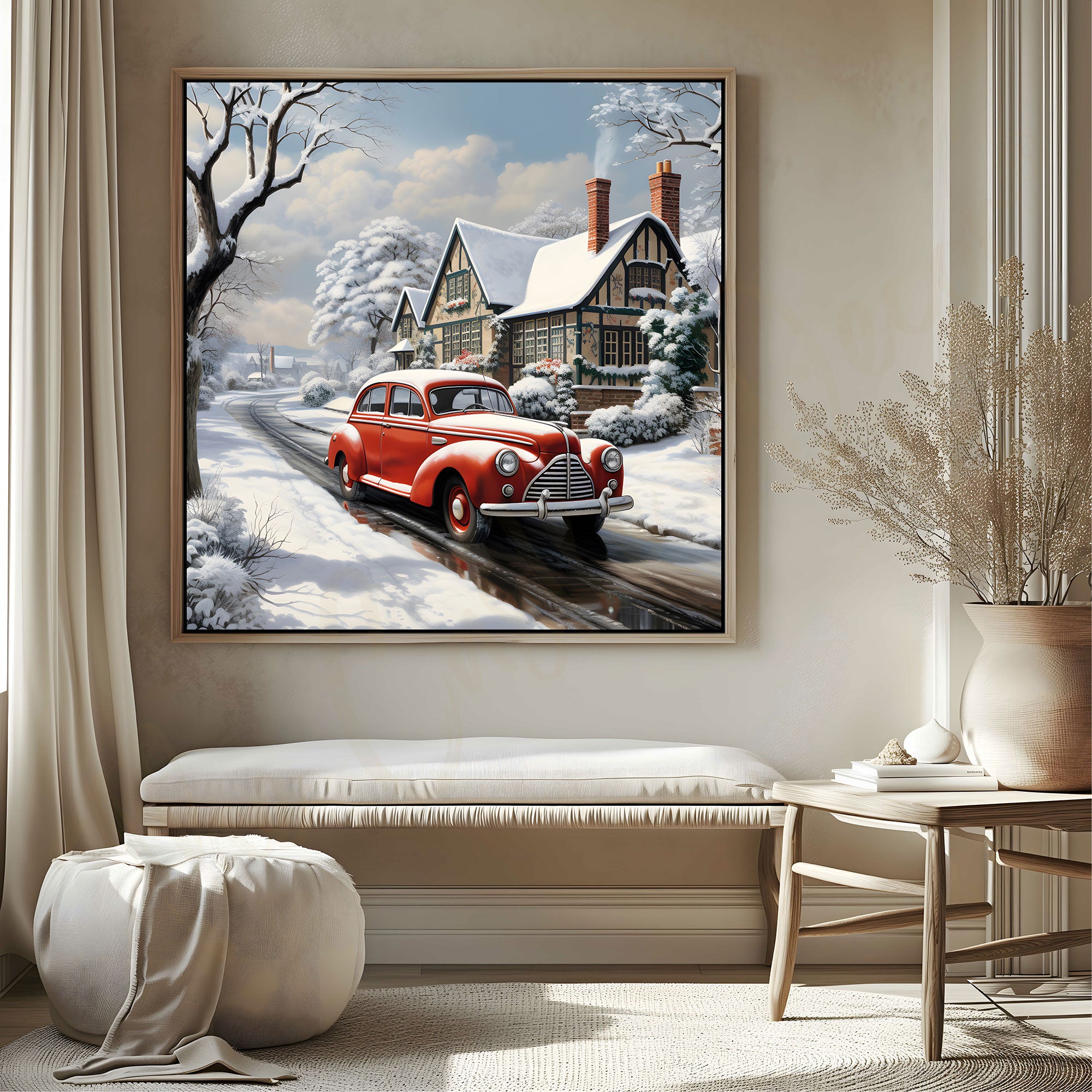 Vinatge car snow with frame Big Size Wall Art for living room,Bedroom,Drawing room,Hotels