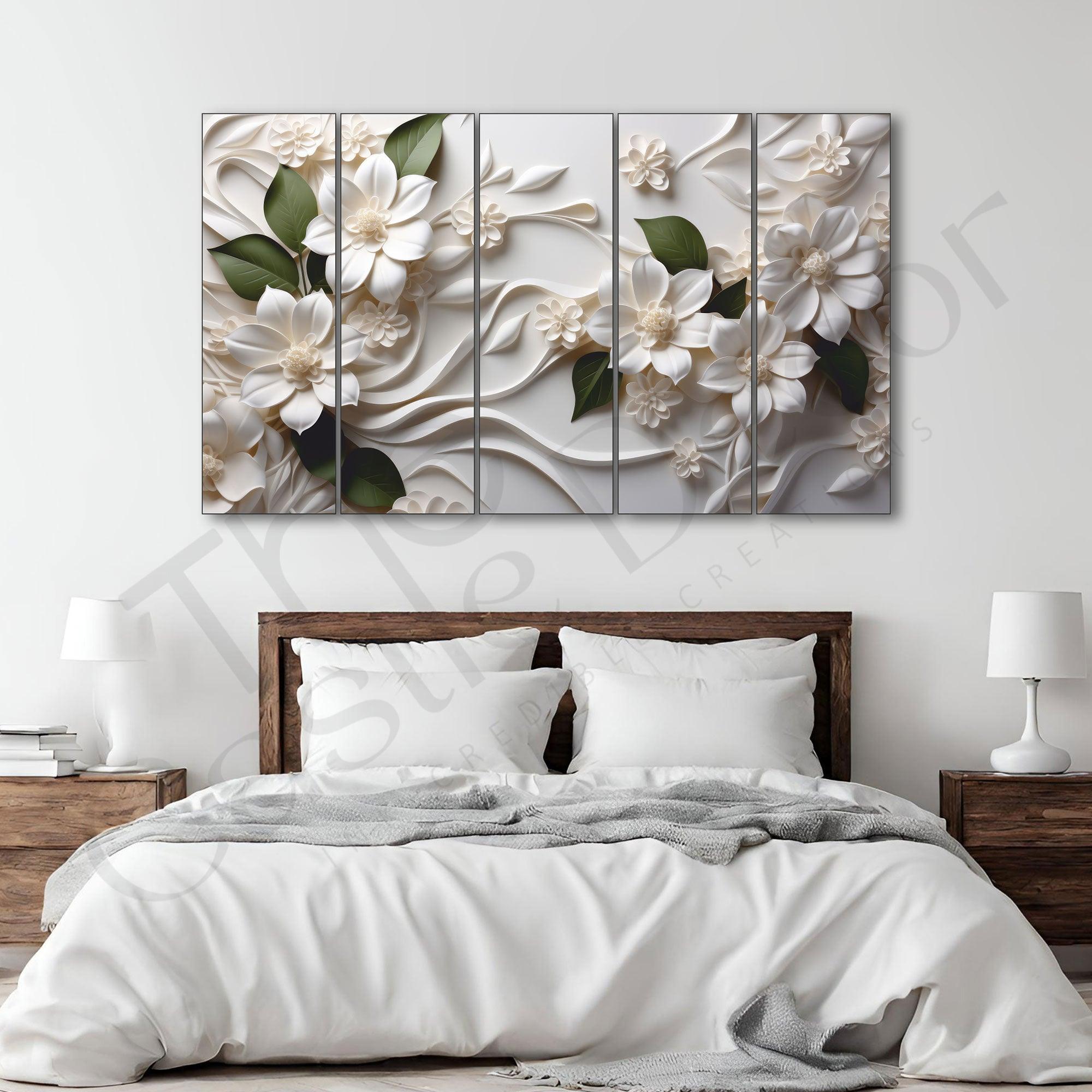 White Flower Painting Set of 5 for Home Decoration
