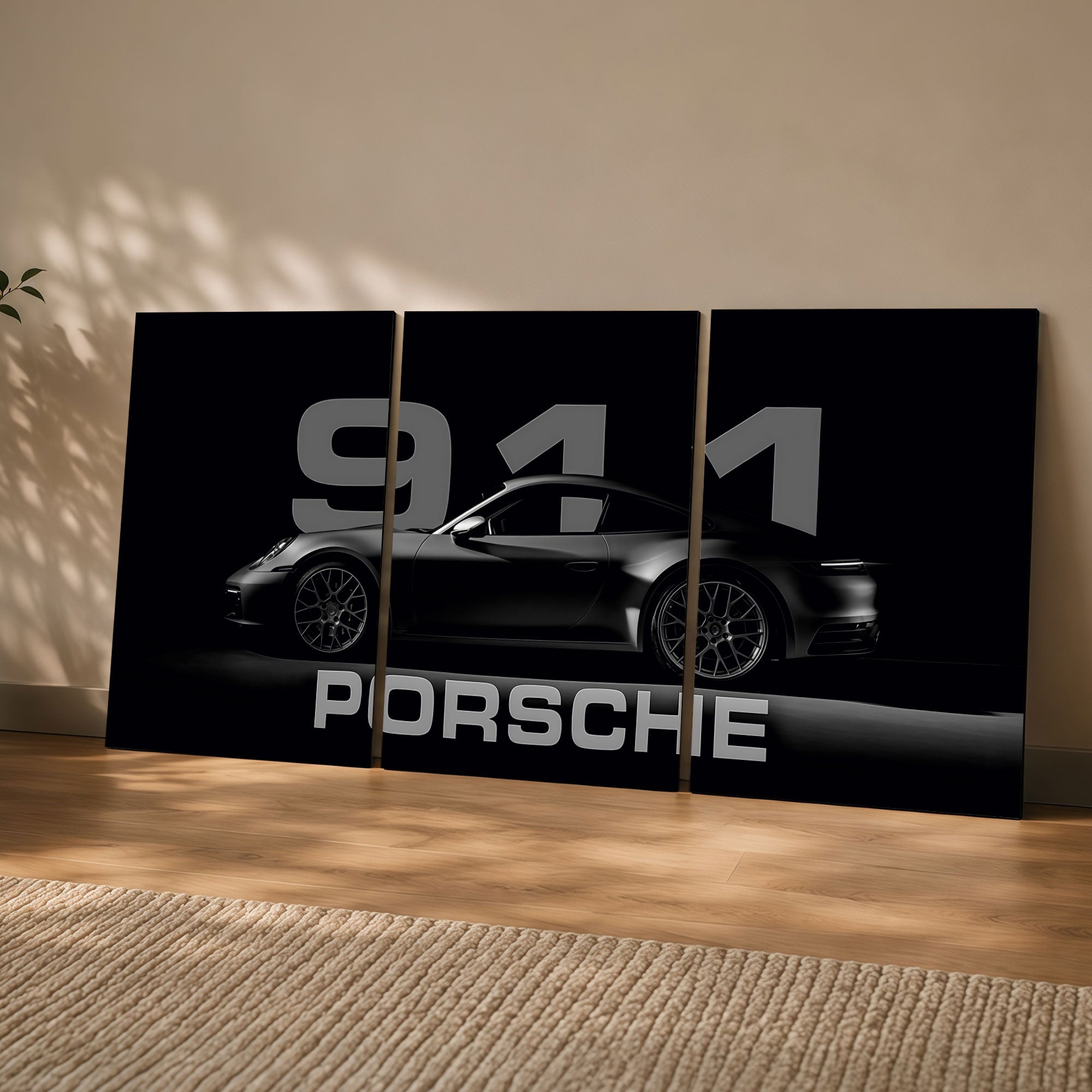 The Castle Decor Porsche 911 Wall Art 3 Panel Painting for Living Room Bedroom Gaming Room Luxury Sports Car Poster Modern Black Car Wall Decor Artwork