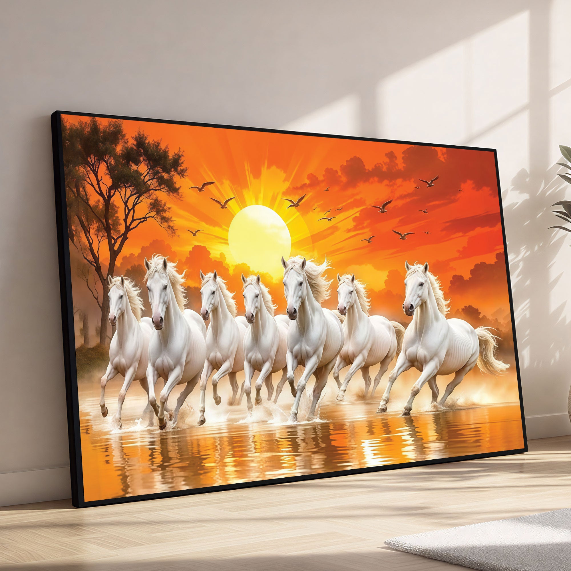 The Castle Decor 7 Running White Horses Wall Painting, Sunrise Sunset Theme, Vastu Wall Art for Living Room, Office, Bedroom Decor 20X30 inch -1001