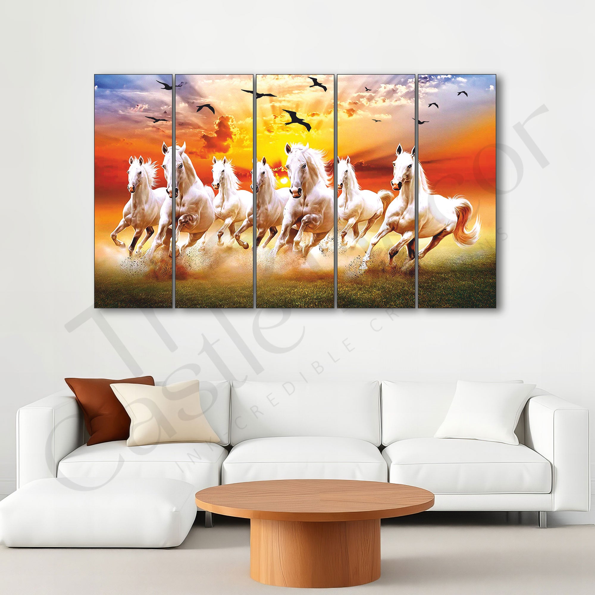 Vaastu 7 Beautiful Horses Set of 5 Big Size Multiple Frames Wall Art Painting for living room,Bedroom,Drawing room,Hotels-Wooden Framed-Digital Painting