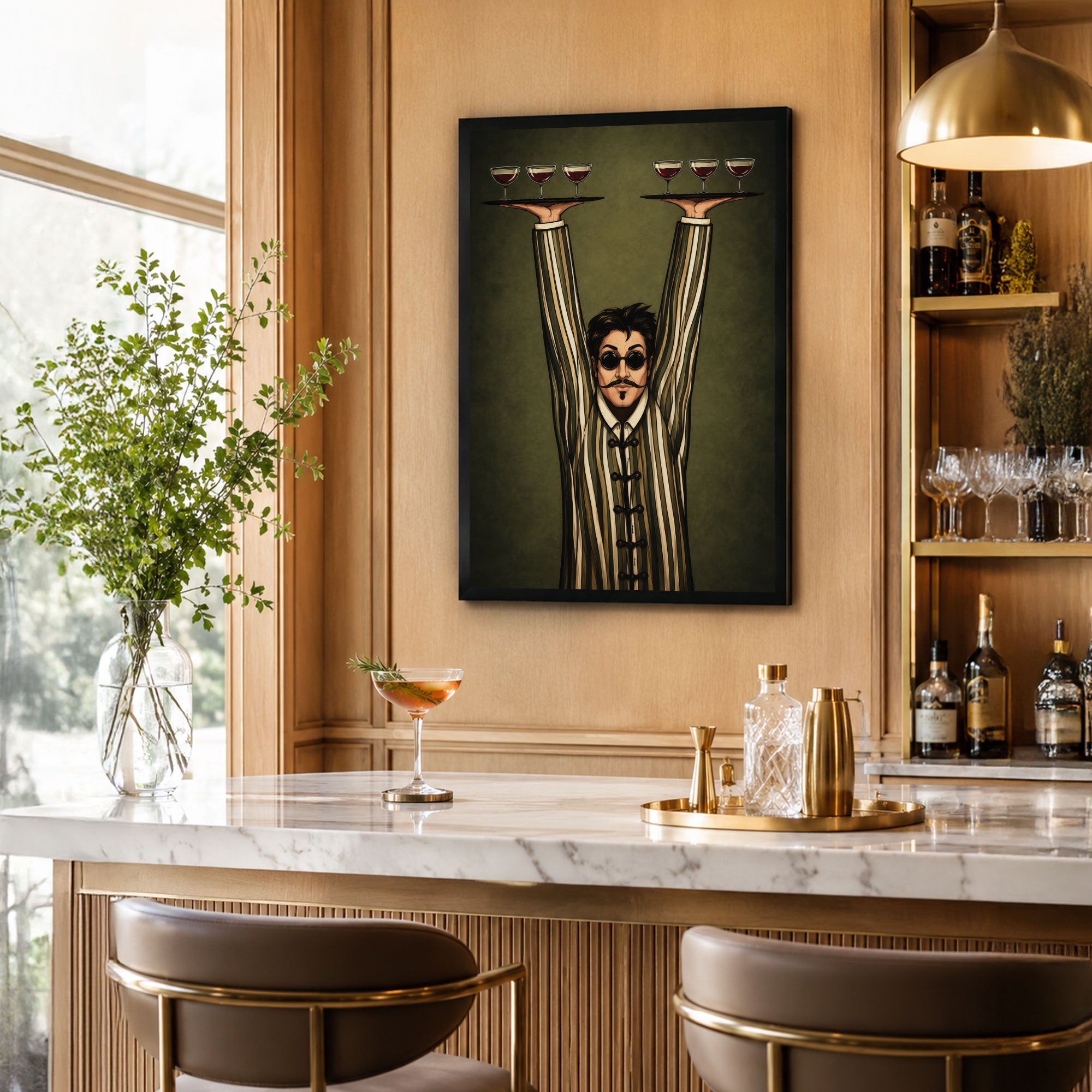 The Castle Decor Vintage Waiter Wine Glass Wall Painting for Bar & Lounge Decor | Premium Framed Art Print for Home Bar, Cafe & Restaurant