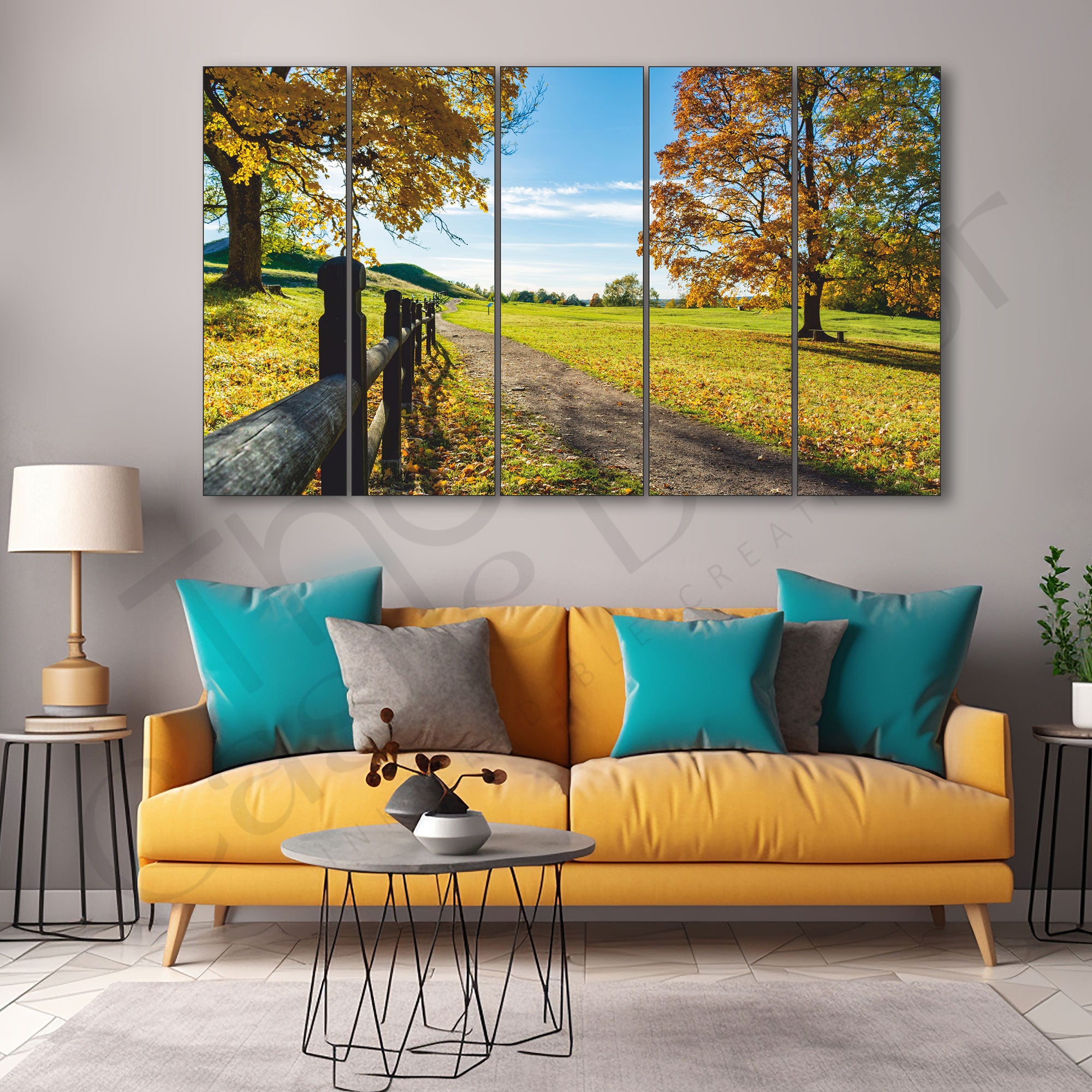Trees near the road with the hills in autumn Set of 5 Big Size Multiple Frames Wall Art Painting for living room,Bedroom,Drawing room,Hotels-Wooden Framed-Digital Painting