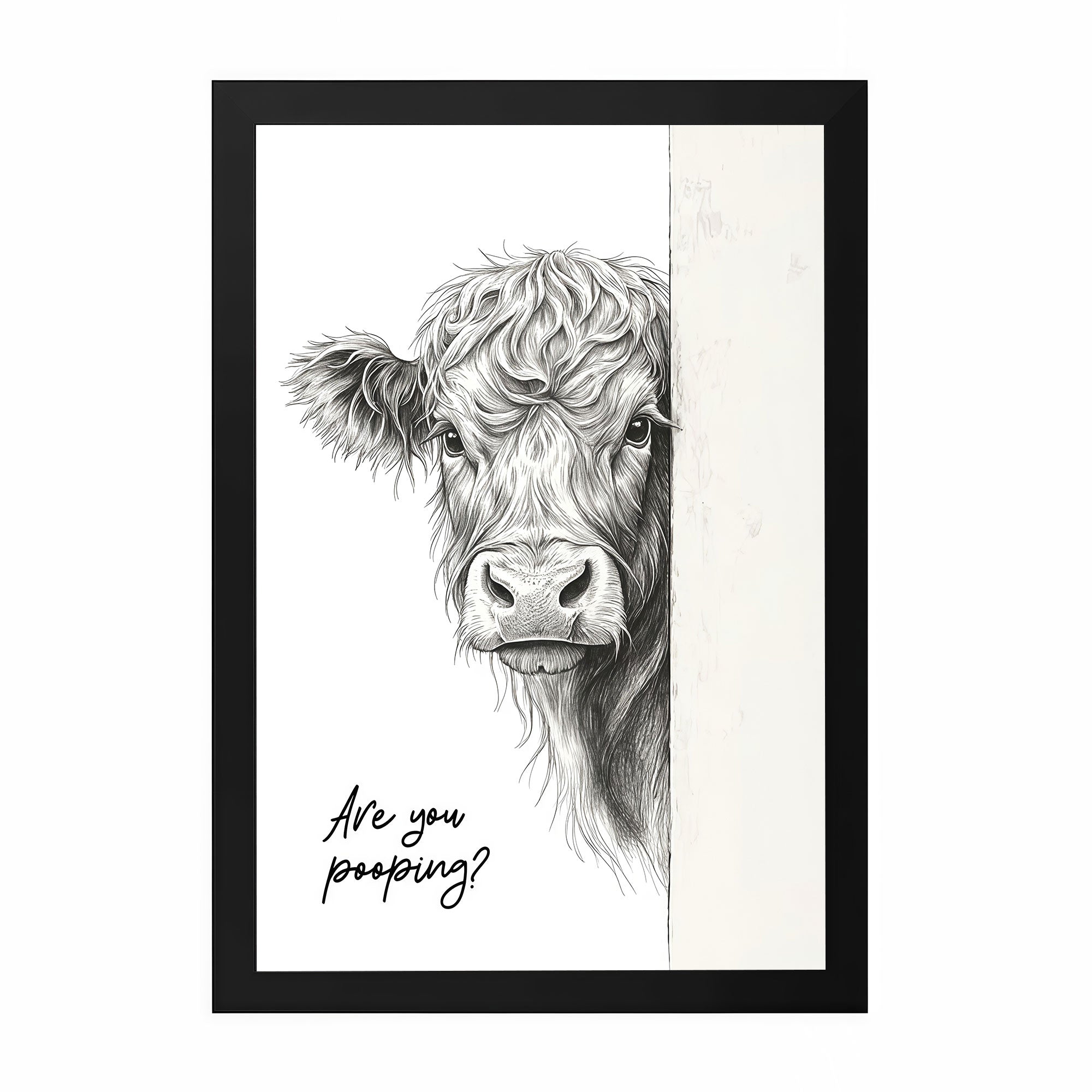 The Castle Decor Funny Highland Cow Peeking Are You Pooping Framed Wall Art – Rustic Farmhouse Animal Sketch Framed Poster, Humorous Country Bathroom Restroom Decor