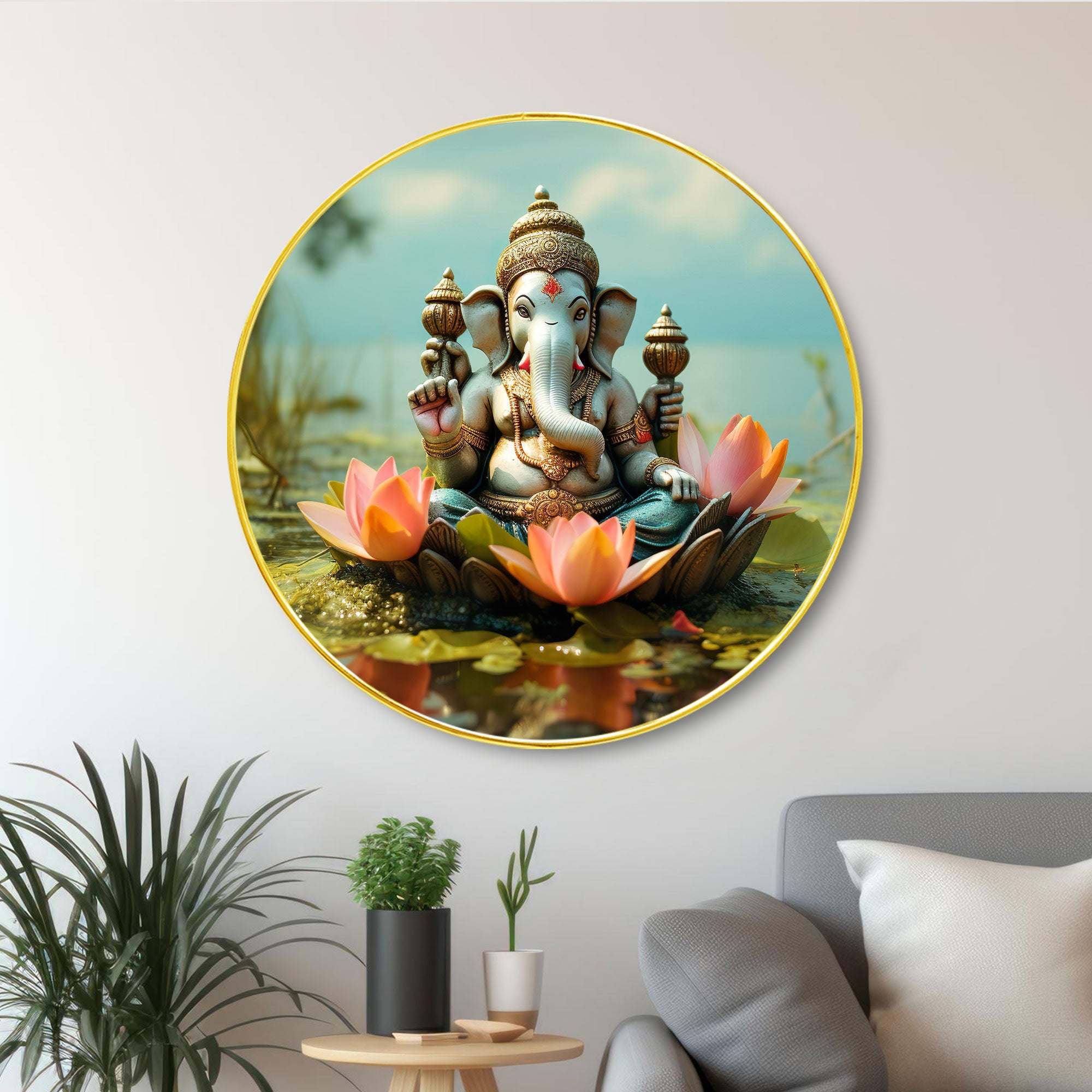 The Castle Decor Ganesha Wall Art Round Frame | Divine Home Décor Painting for Living Room, Bedroom, Office, Hotel & Ideal Gift Option