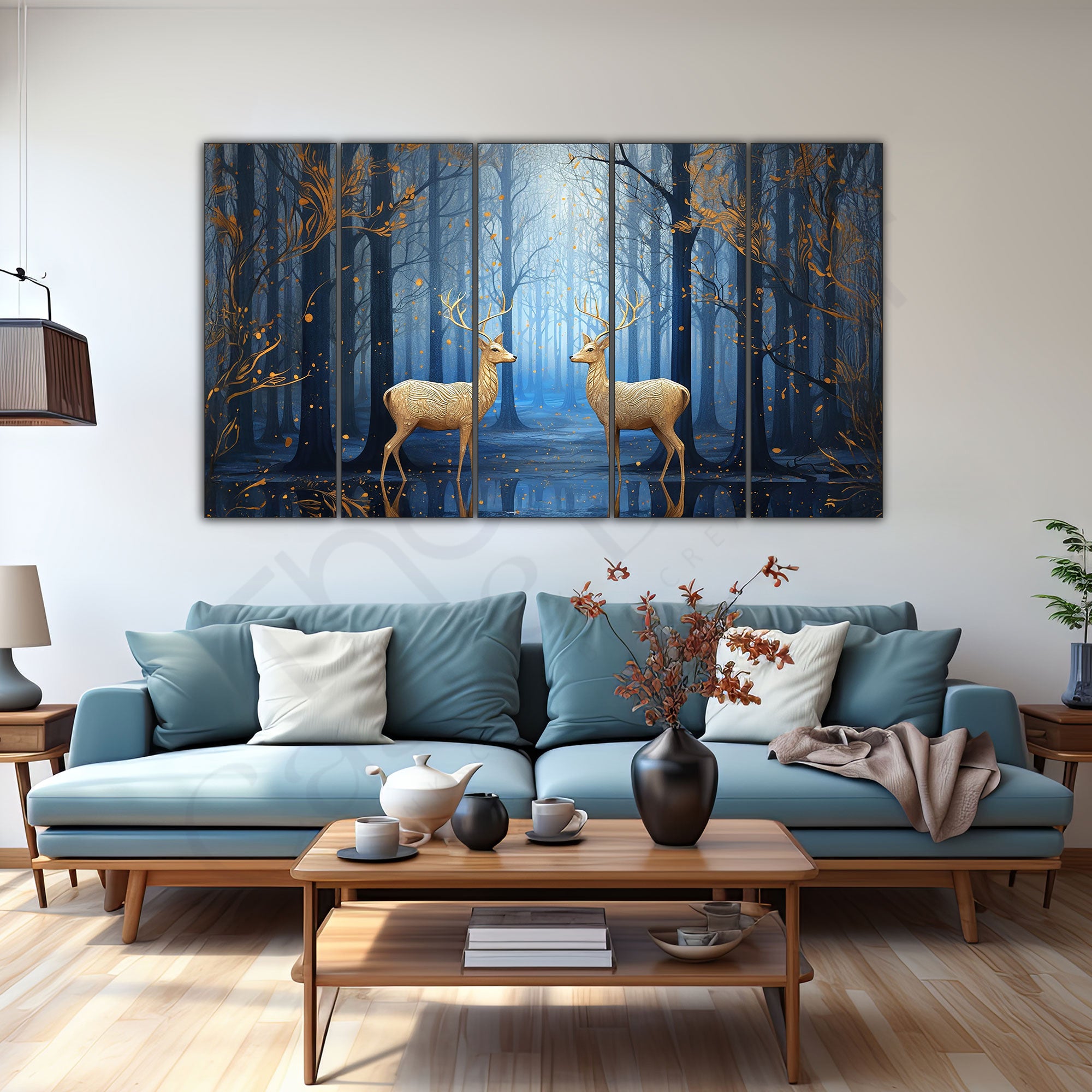 Golden deer wall Set of 5 Big Size Multiple Frames Wall Art Painting for living room,Bedroom,Drawing room,Hotels-Wooden Framed-Digital Painting