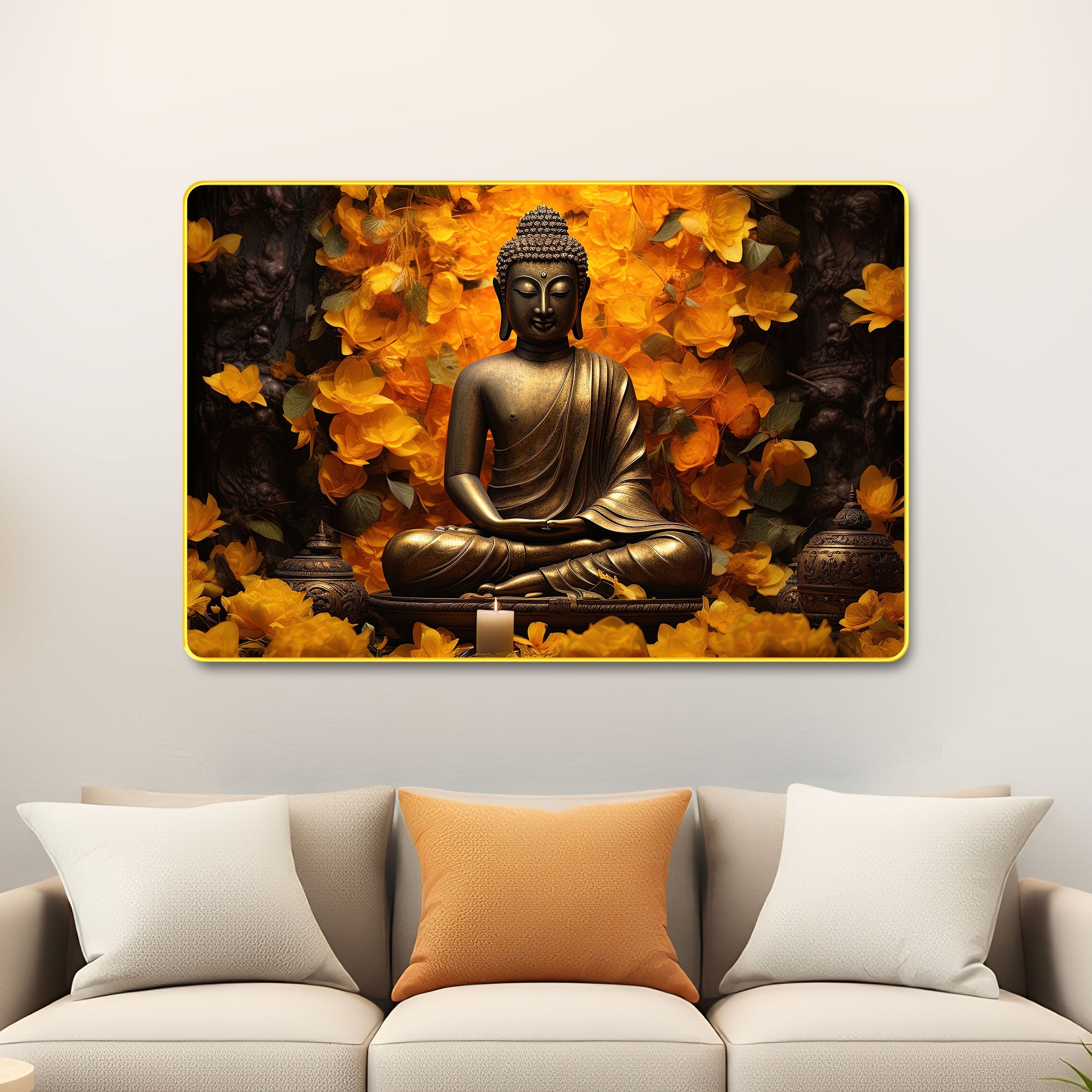 The Castle Decor Lord Buddha Wall Art Painting with Wooden Frame | Vastu Spiritual Meditation Décor for Living Room, Bedroom, Office & Hotel | Gift Option