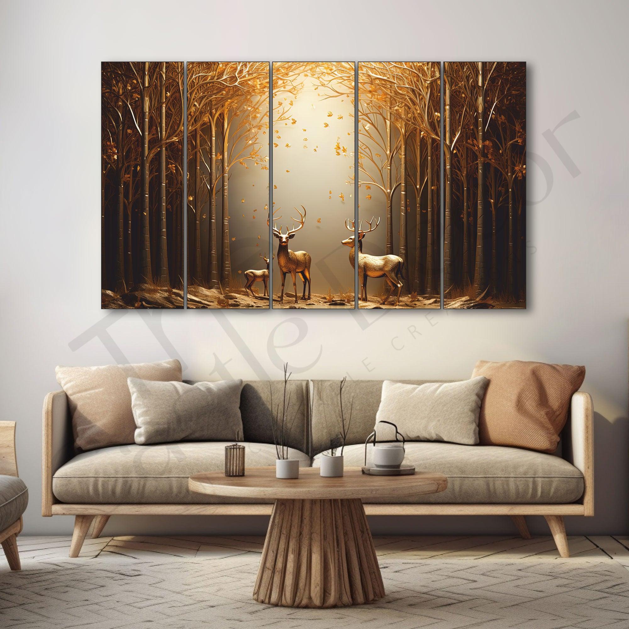 Golden Deer in Forest Painting Set of 5 for Home Decoration