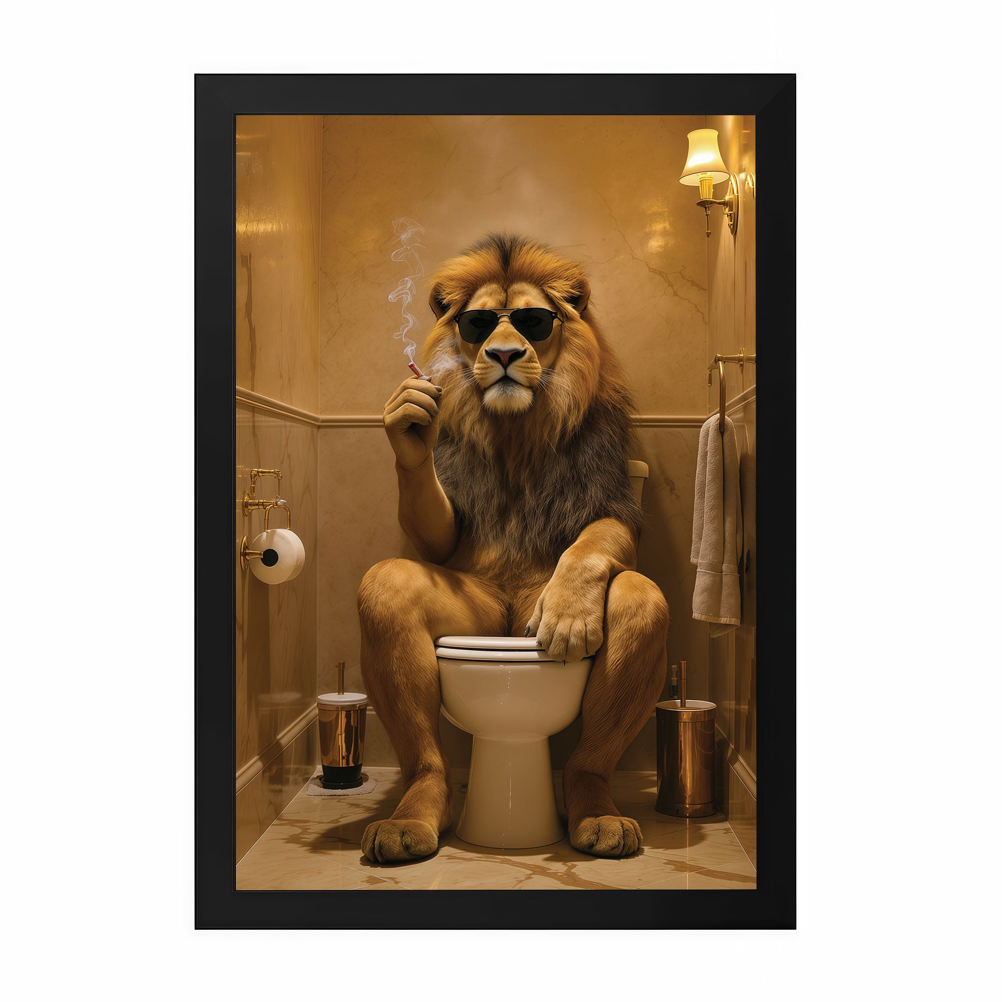 The Castle Decor Funny Lion with Sunglasses on Toilet Framed Wall Art – Cool King of the Jungle Smoking in Bathroom Framed Poster, Humorous Animal Restroom Decor, Quirky Man Cave