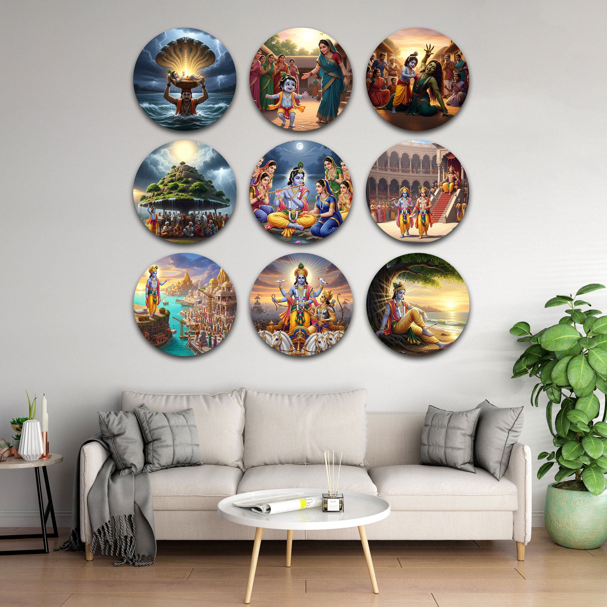 Radha Krishna Wall Plates – Set of 9 Round Decorative Spiritual Art Pieces for Home & Prayer Room
