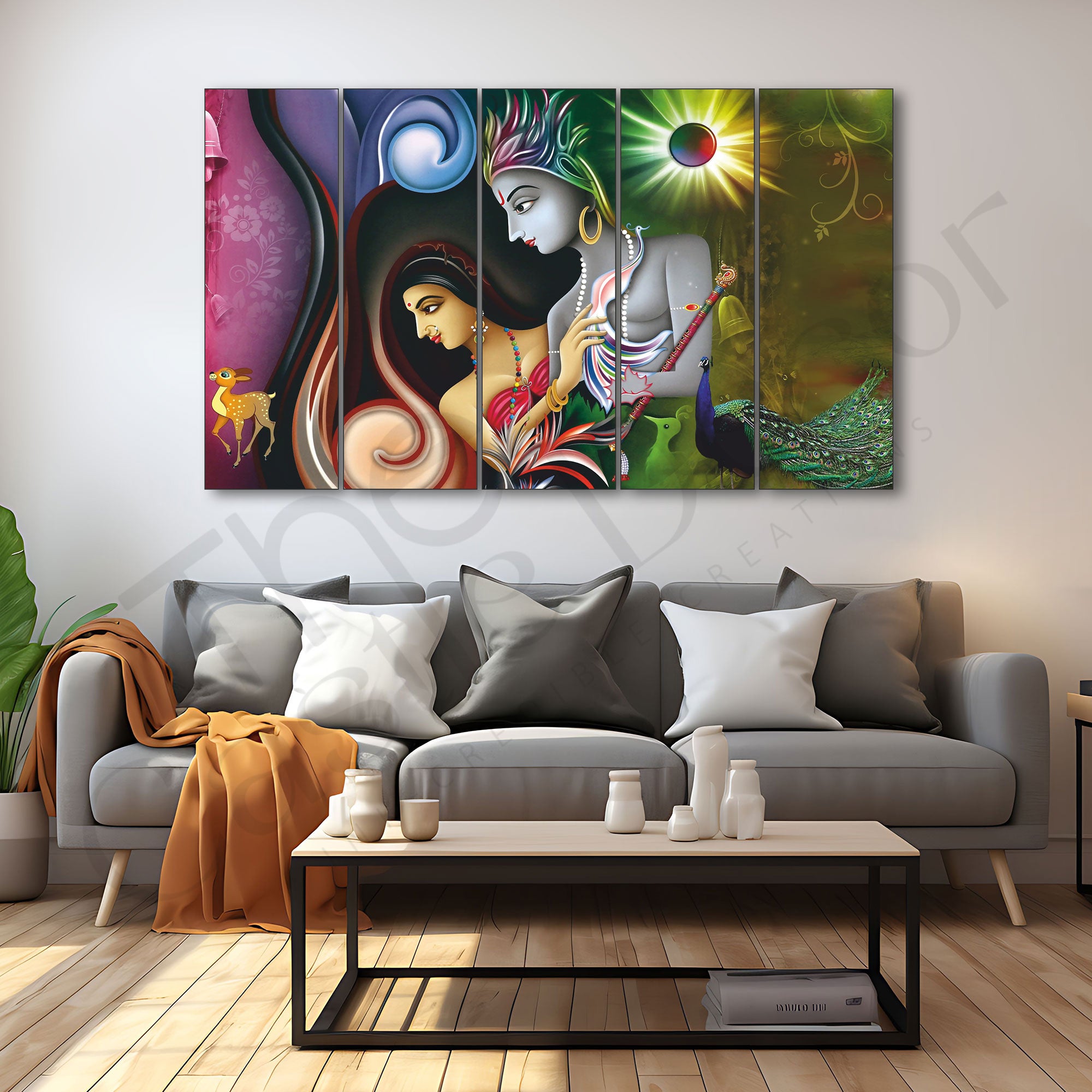 lord Radha krishan Set of 5 Big Size Multiple Frames Wall Art Painting for living room,Bedroom,Drawing room,Hotels-Wooden Framed-Digital Painting