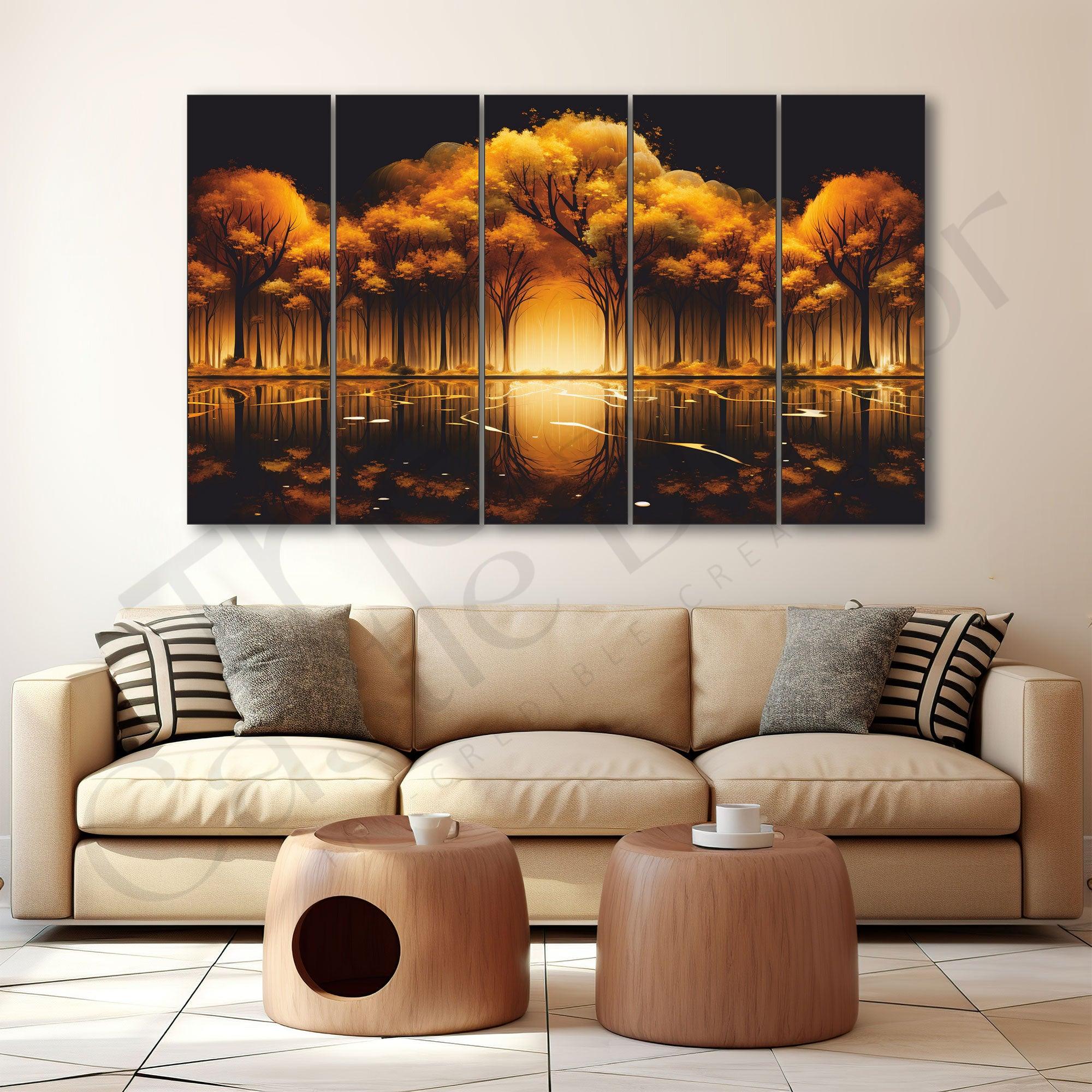 Nature Golden Trees Painting Set of 5 for Home Decoration