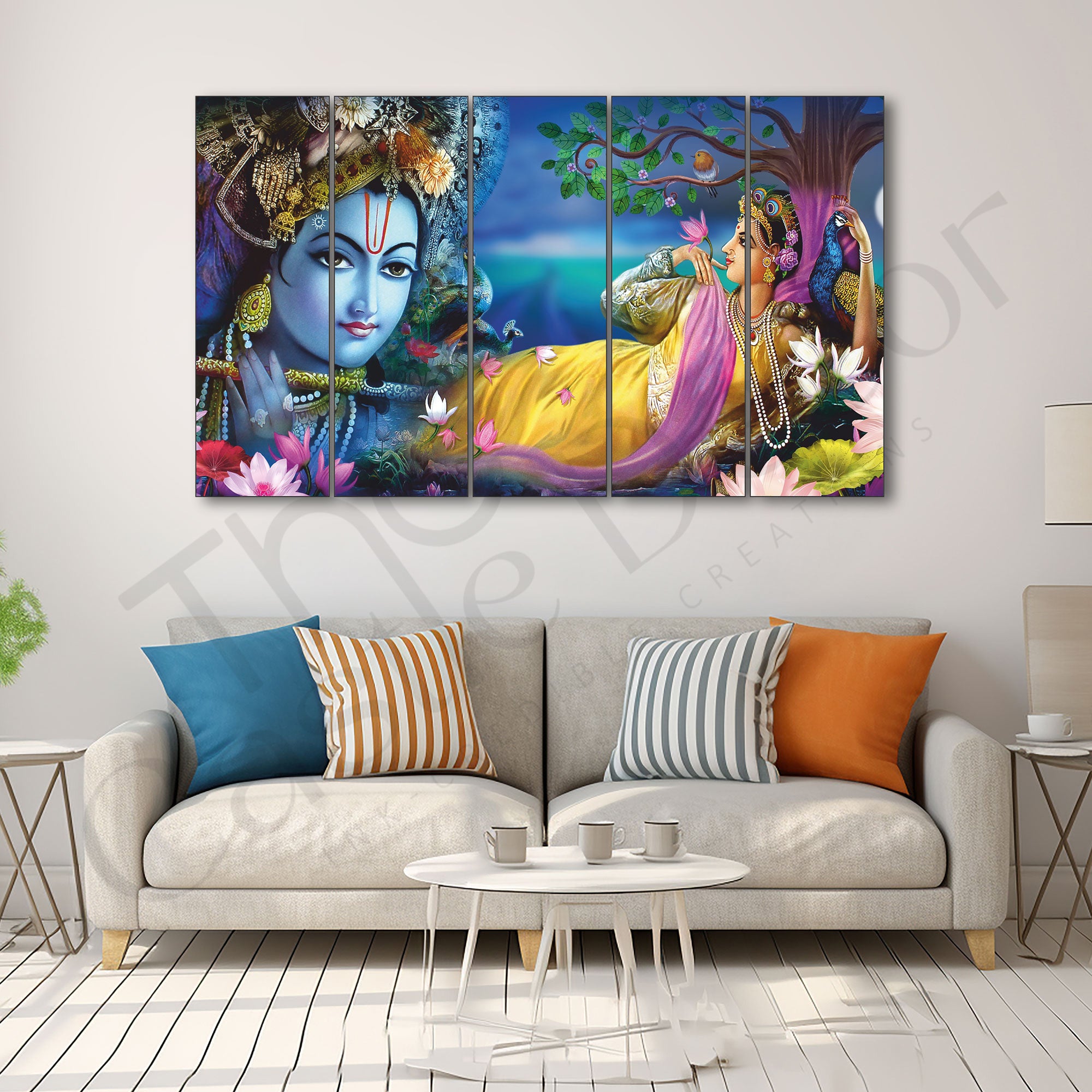 Lord Radha krishn Set of 5 Big Size Multiple Frames Wall Art Painting for living room,Bedroom,Drawing room,Hotels-Wooden Framed-Digital Painting