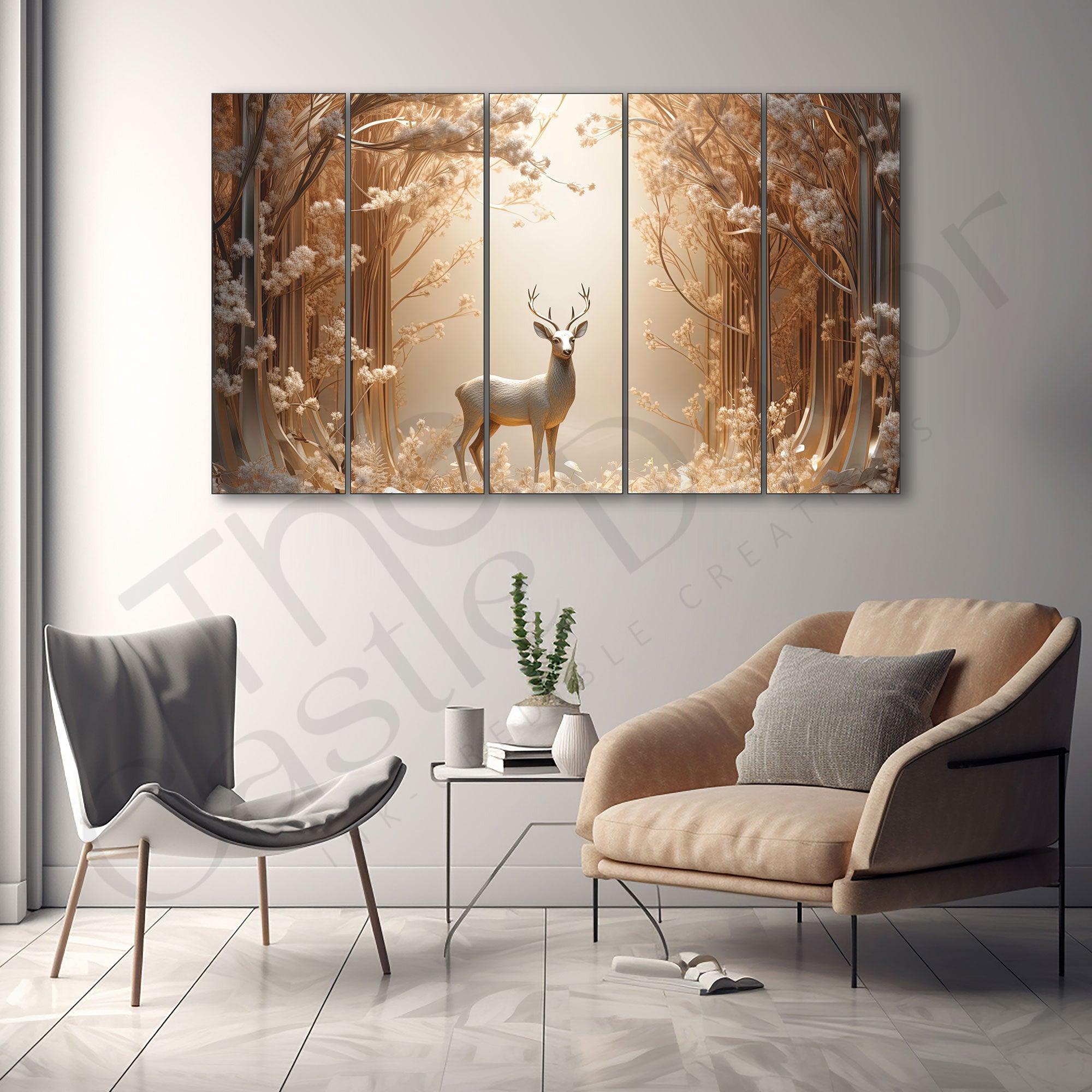 White Golden Deer Painting Set of 5 for Home Decoration