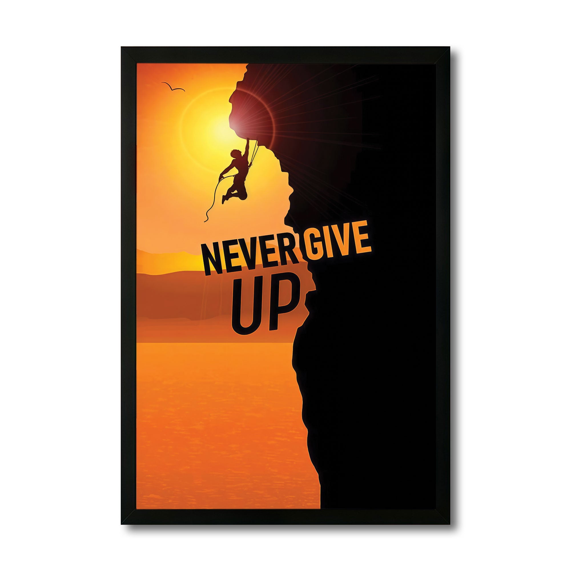 The Castle Decor Never Give Up Wall Art Frame | Inspirational Quote Poster with Climbing Silhouette for Home, Office & Gym Decor