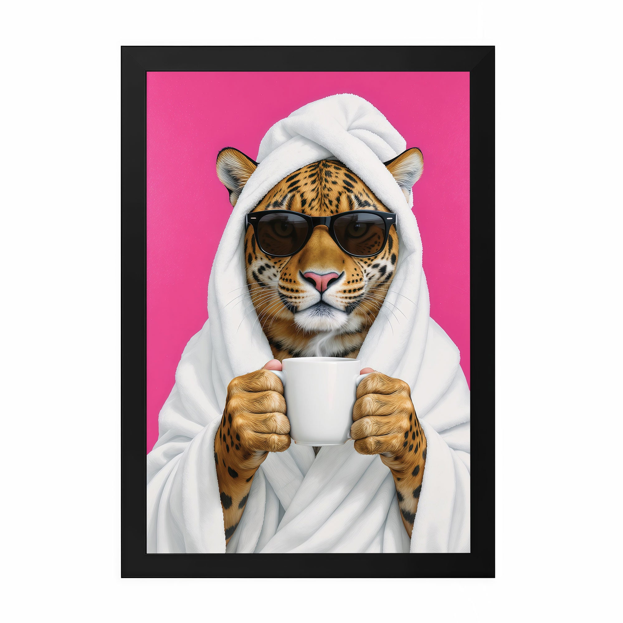 The Castle Decor Cute Leopard in White Bathrobe holding Coffee Mug Framed Wall Art – Funny Animal with Sunglasses Spa Bathroom Framed Poster, Humorous Powder Room Decor