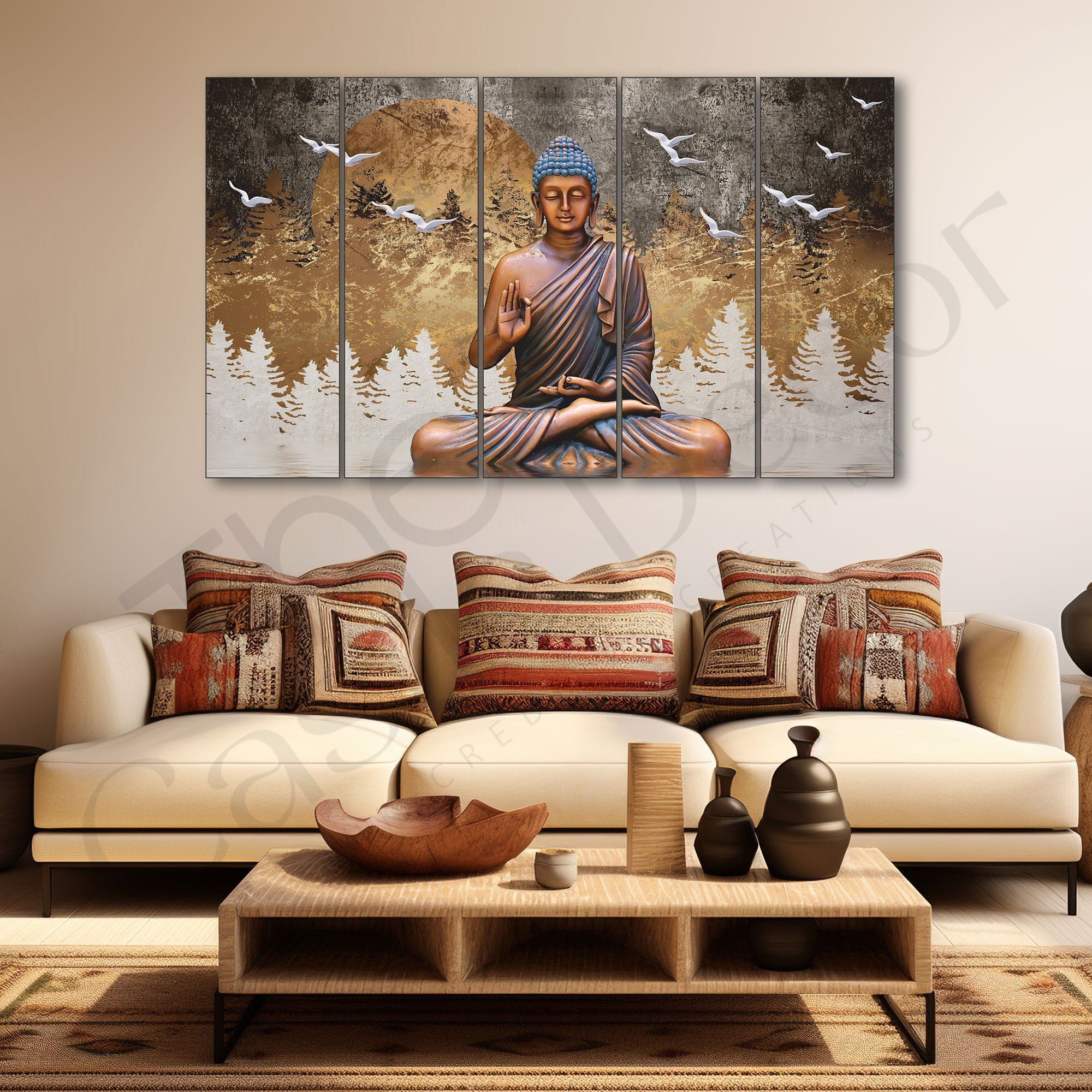 Lord Budha meditating Set of 5 Big Size Multiple Frames Wall Art Painting for living room,Bedroom,Drawing room,Hotels-Wooden Framed-Digital Painting