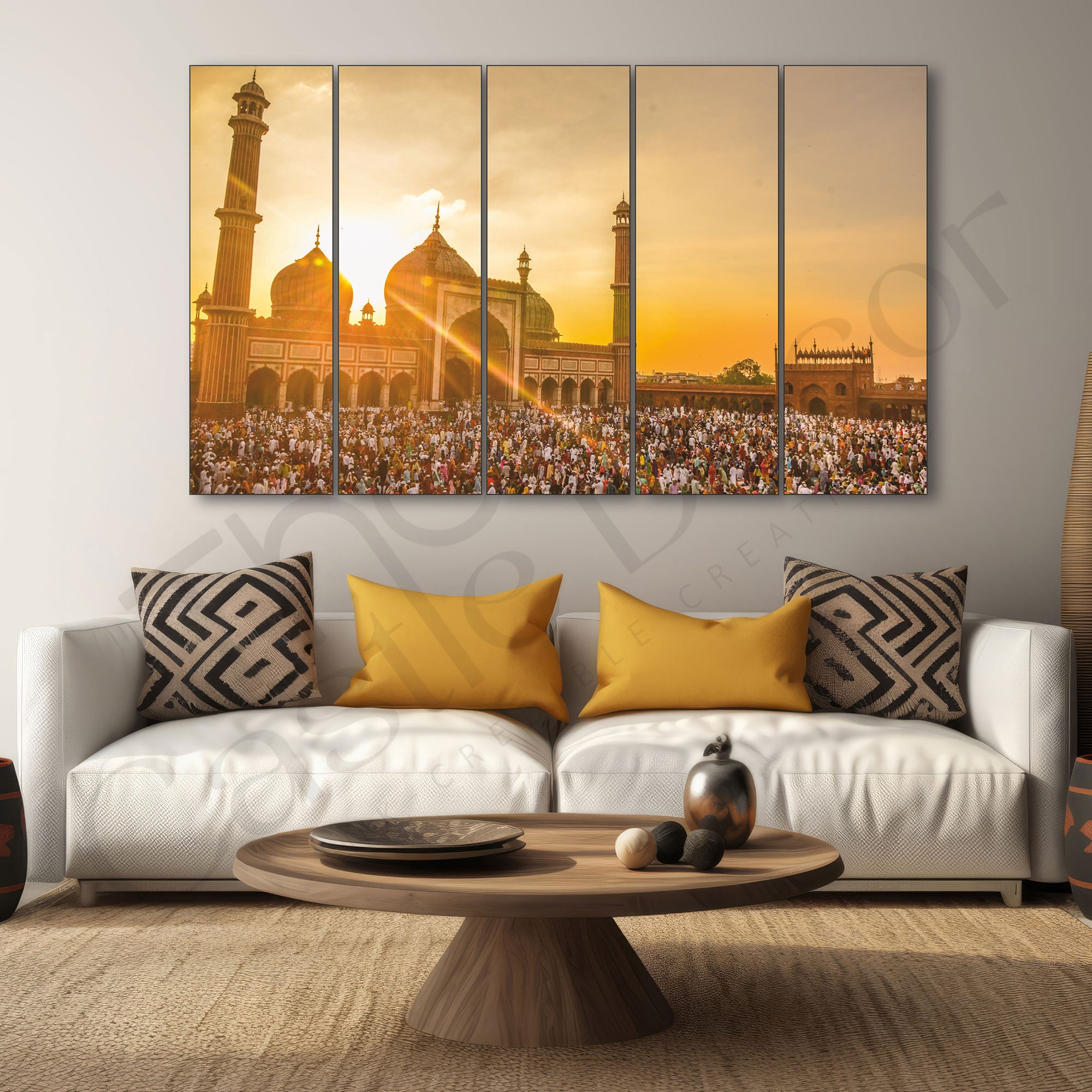 Ramadan Sunset Islam Jama Masjid Set of 5 Big Size Multiple Frames Wall Art Painting for living room,Bedroom,Drawing room,Hotels-Wooden Framed-Digital Painting