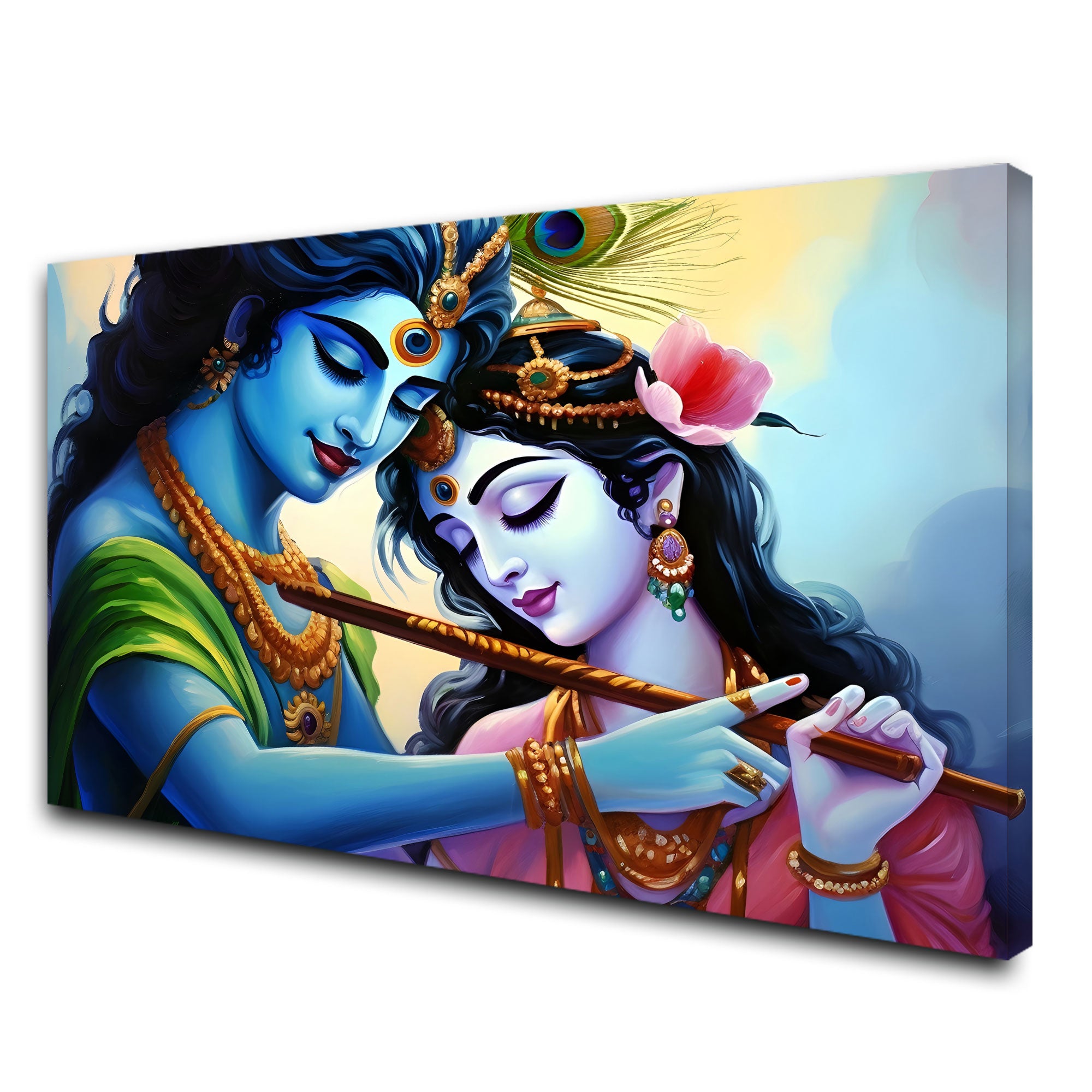 The Castle Decor radha krishna flute canvas/Sparkle painting with frame Big Size Wall Art for living room,Bedroom,Drawing room,Hotels-Wooden Framed-Digital Painting