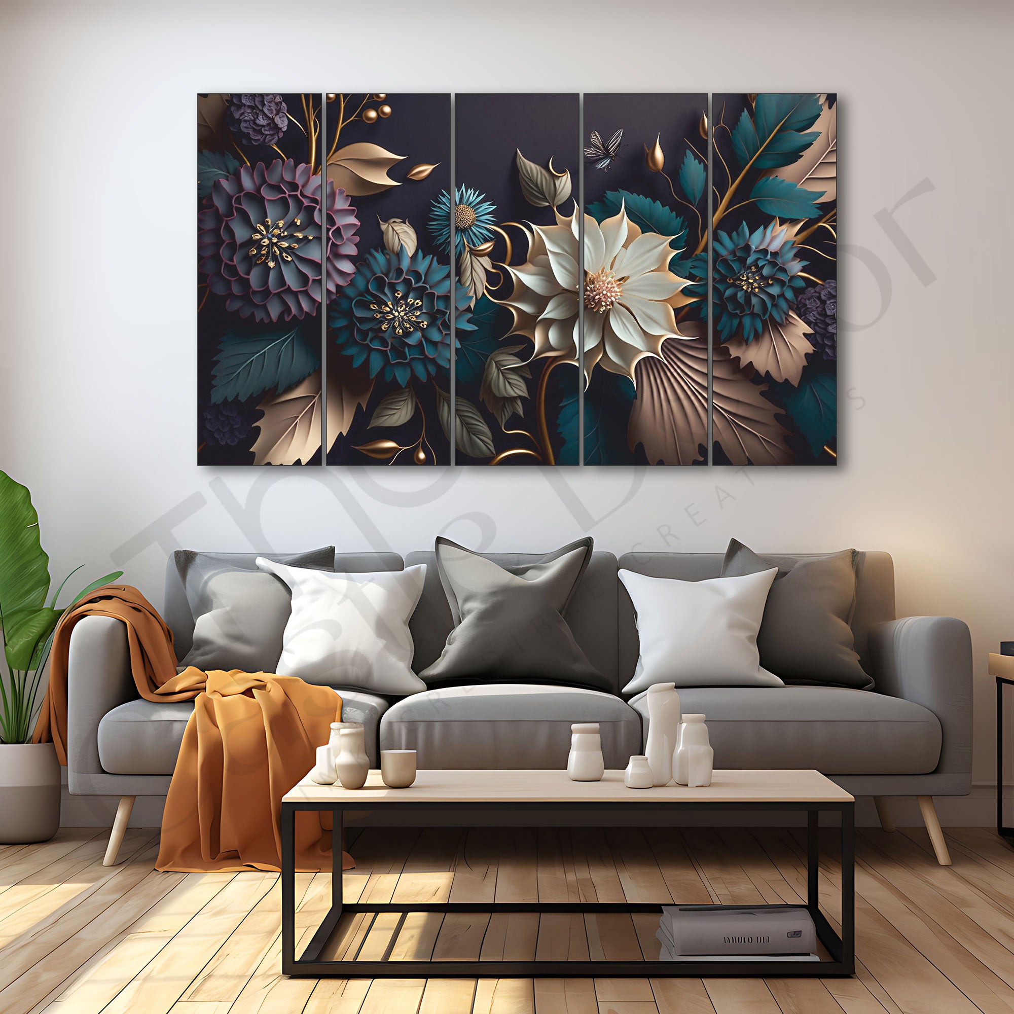 Golden Touch Flower Painting Set of 5 for Home Decoration