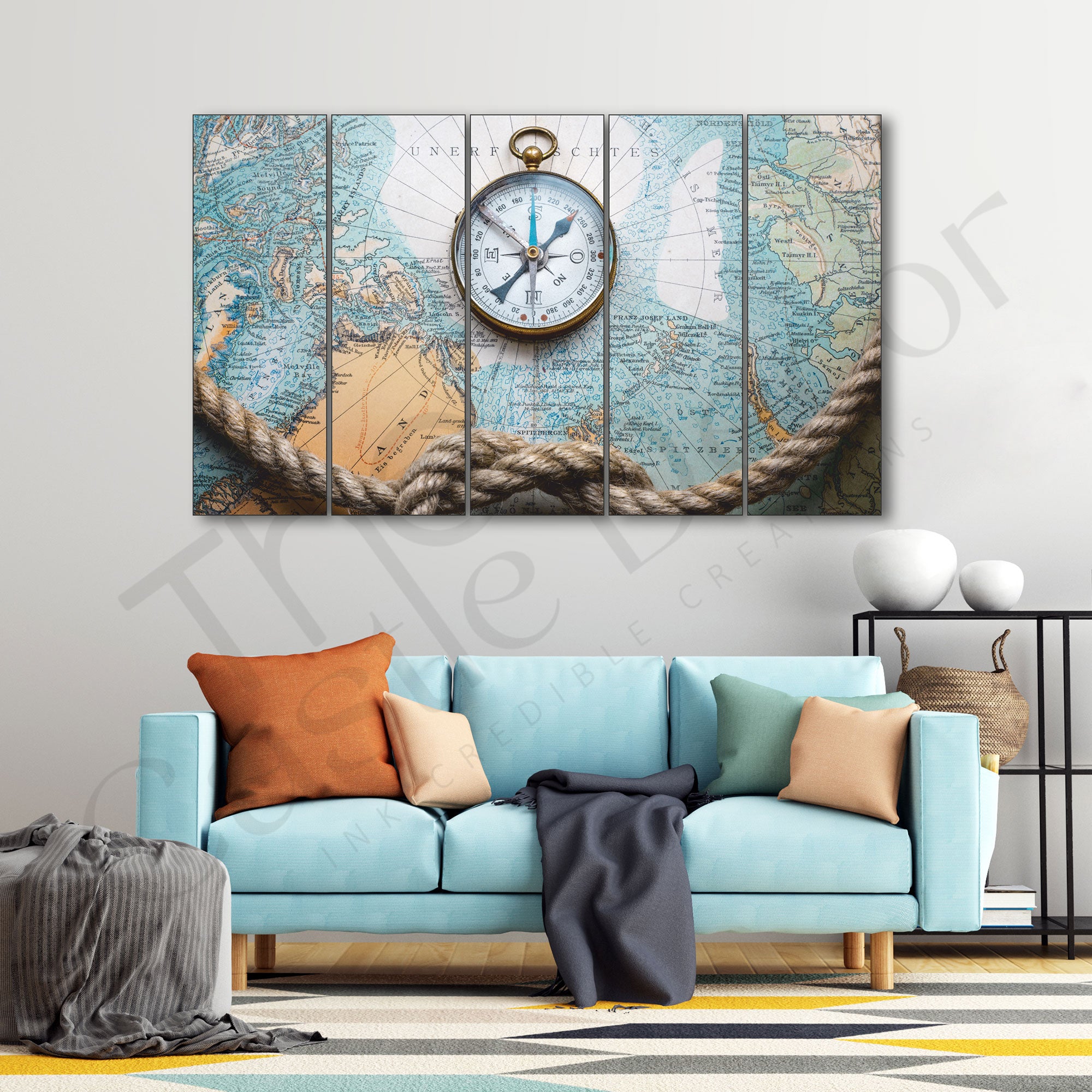 World Map Compass Painting Set of 5 for Home Decoration