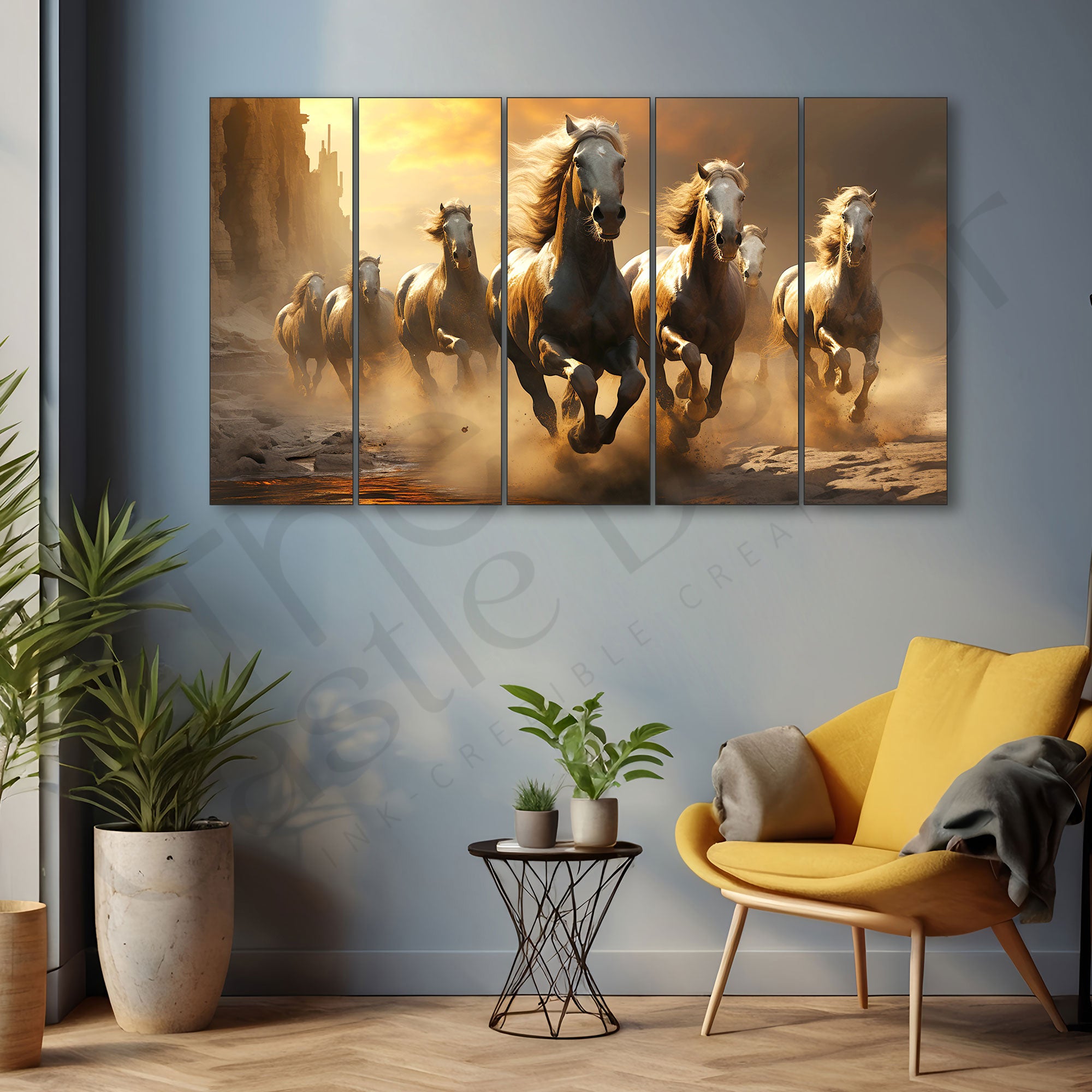 Vaastu 7 running horses Set of 5 Big Size Multiple Frames Wall Art Painting for living room,Bedroom,Drawing room,Hotels-Wooden Framed-Digital Painting.
