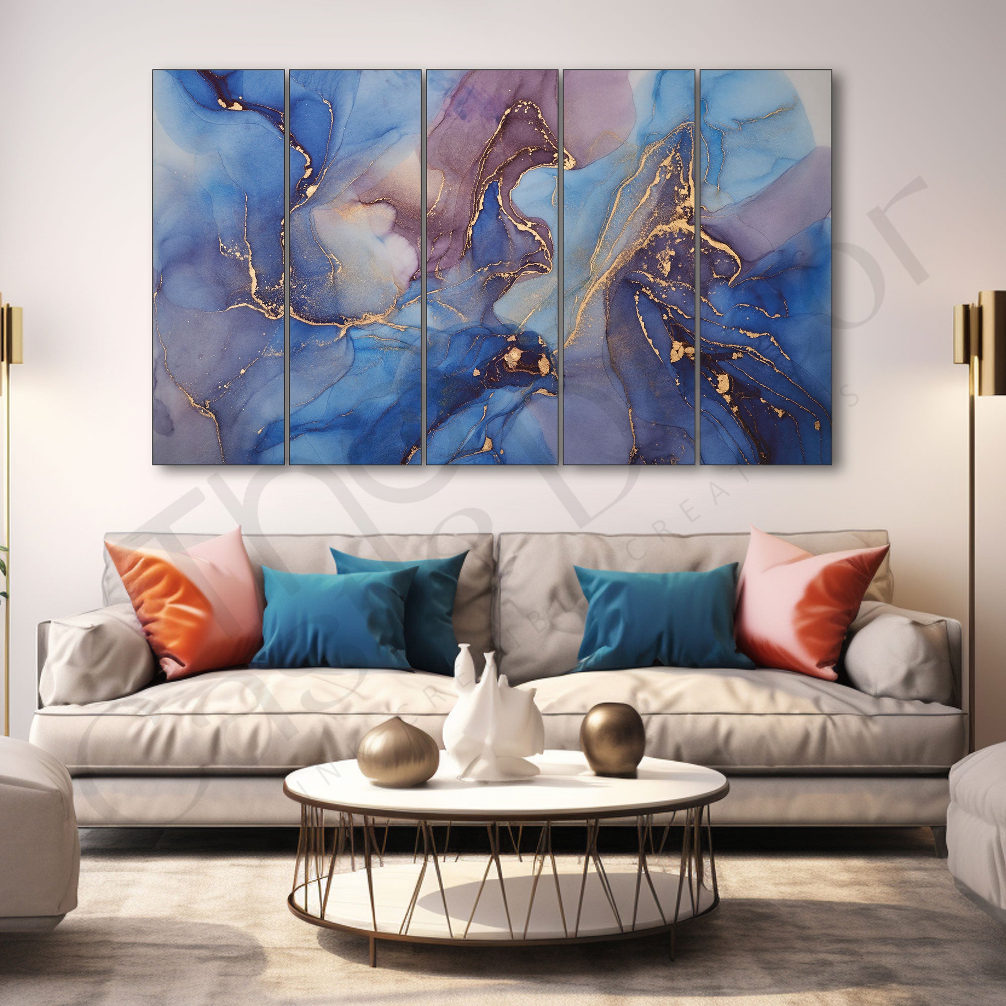 Modern Art Marble Painting Set of 5 for Home Decoration 27x48"
