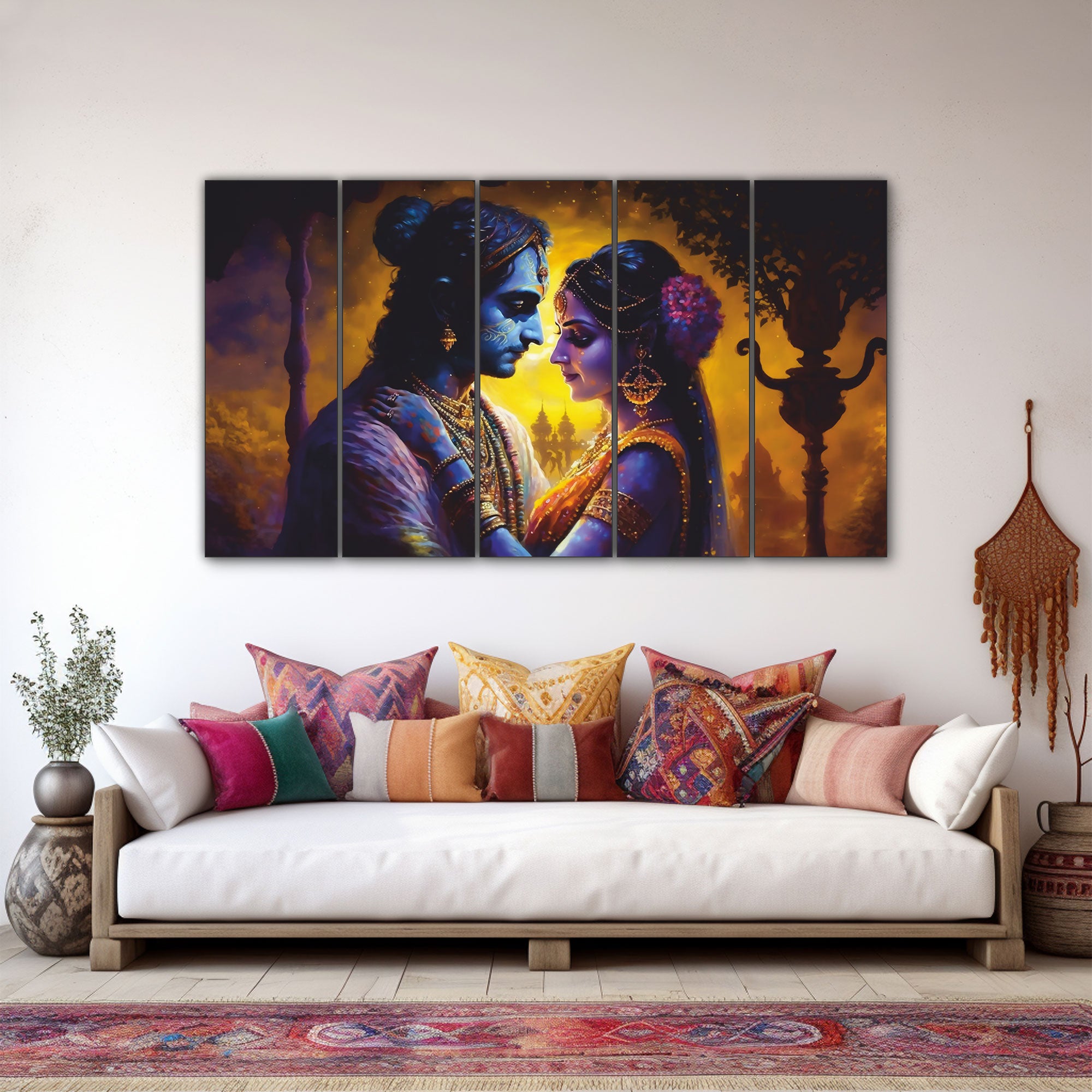 Radha krishan love Set of 5 Big Size Multiple Frames Wall Art Painting for living room,Bedroom,Drawing room,Hotels-Wooden Framed-Digital Painting
