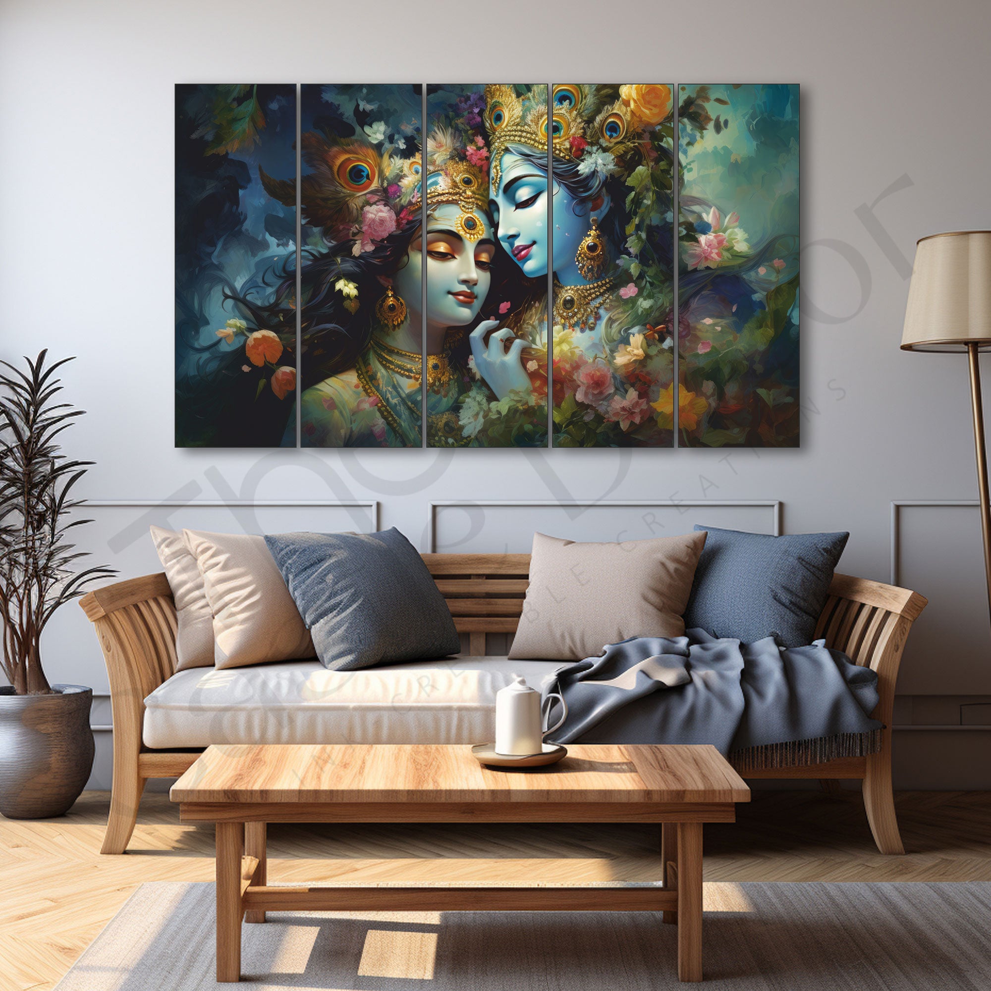 Radha krishana Set of 5 Big Size Multiple Frames Wall Art Painting for living room,Bedroom,Drawing room,Hotels-Wooden Framed-Digital Painting