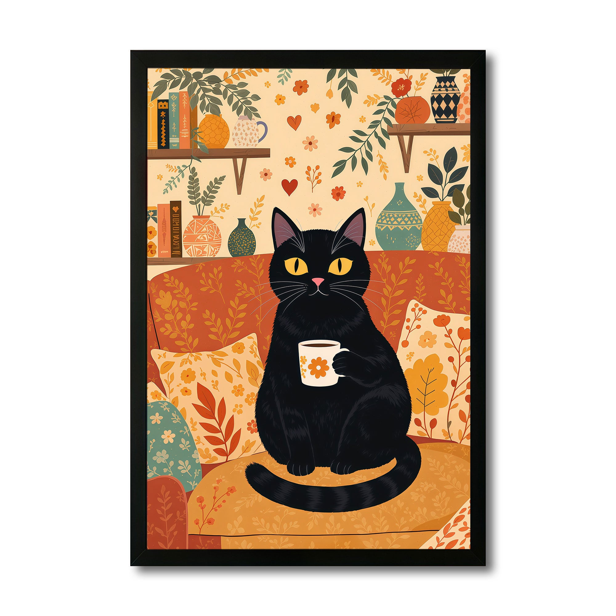 The Castle Decor Cute Black Cat Coffee Wall Art Frame | Cozy Kitchen & Dining Decor | Sparkle Finish MDF Painting with Premium Fiber Frame for Home