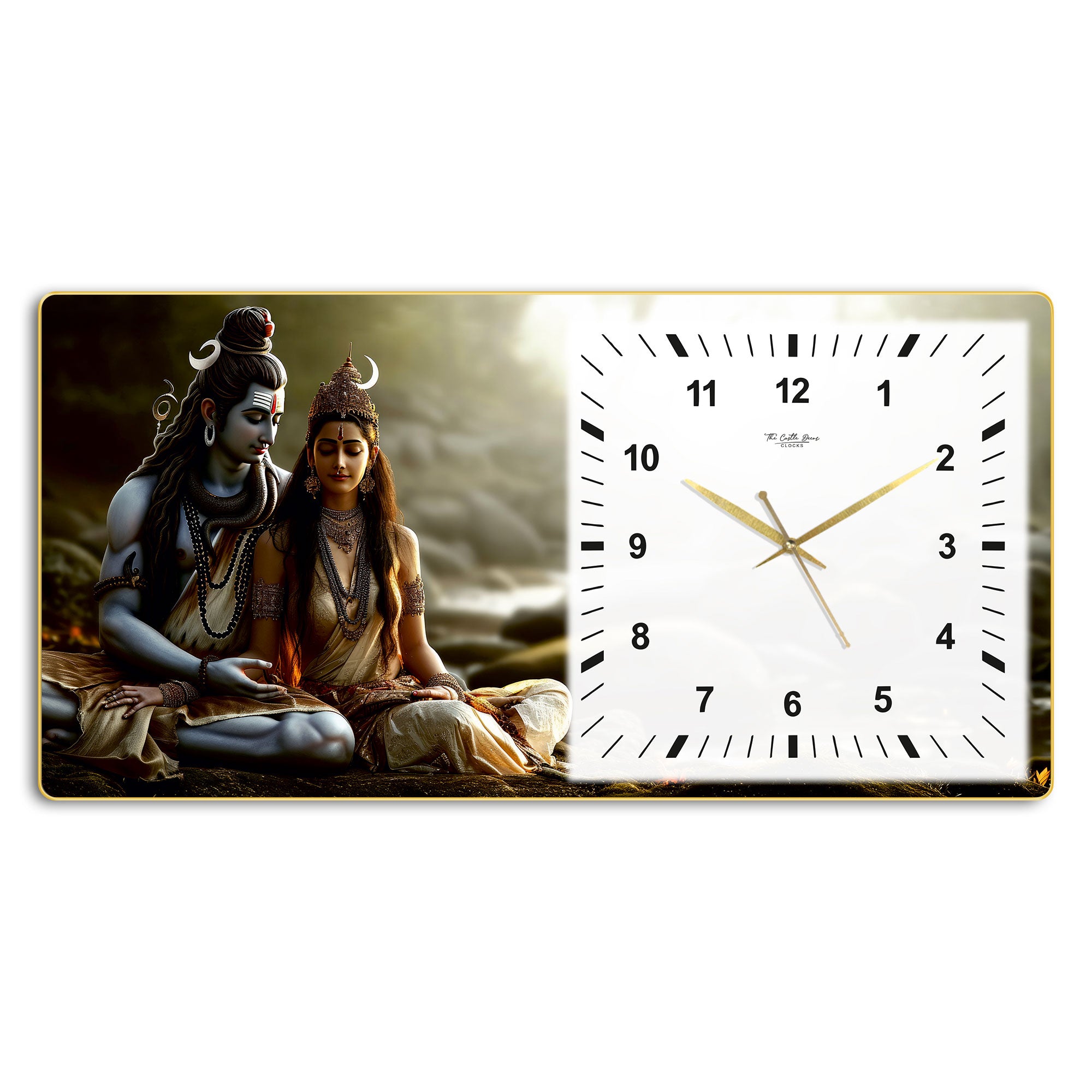The Castle Decor Shiv Parvati Decorative Wall Clock 24x12 Inch, Silent Sweep Non-Ticking Modern Wall Clock with Golden Slim Frame