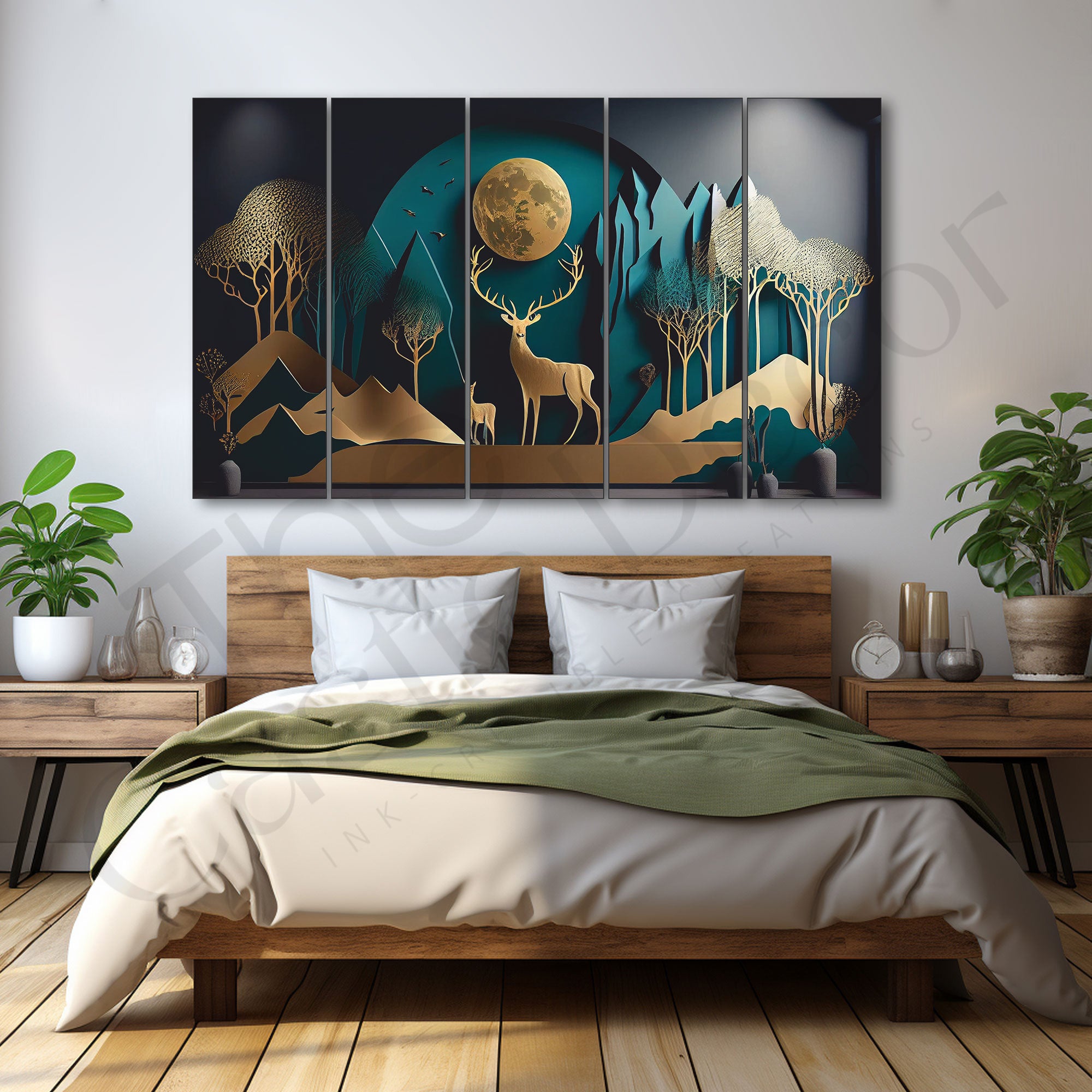 Golden Deer Nature Painting Set of 5 for Home Decoration