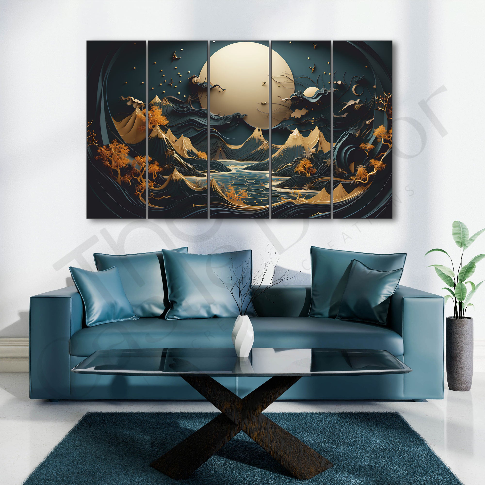 Golden Mountains Sea Painting Set of 5 for Home Decoration