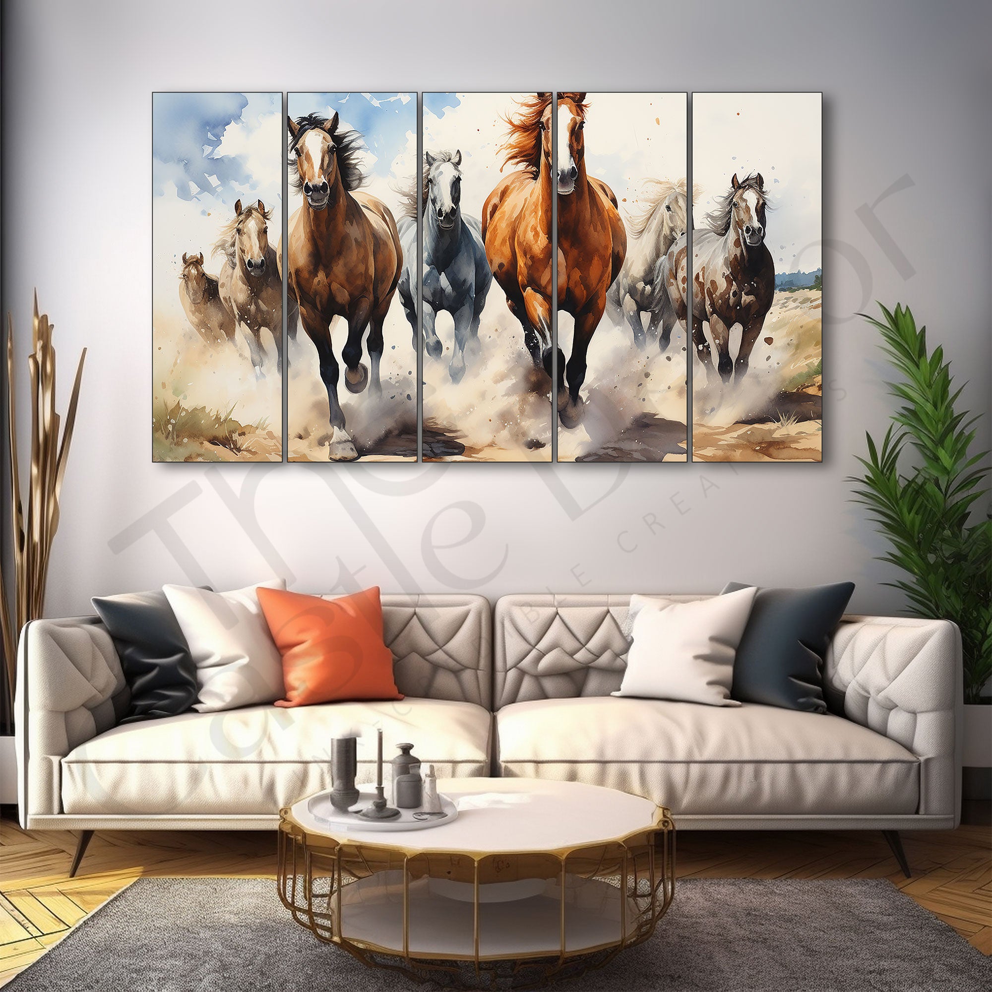Watercolour 7 Running Vaastu Horses Painting Set of 5 for Home Decoration