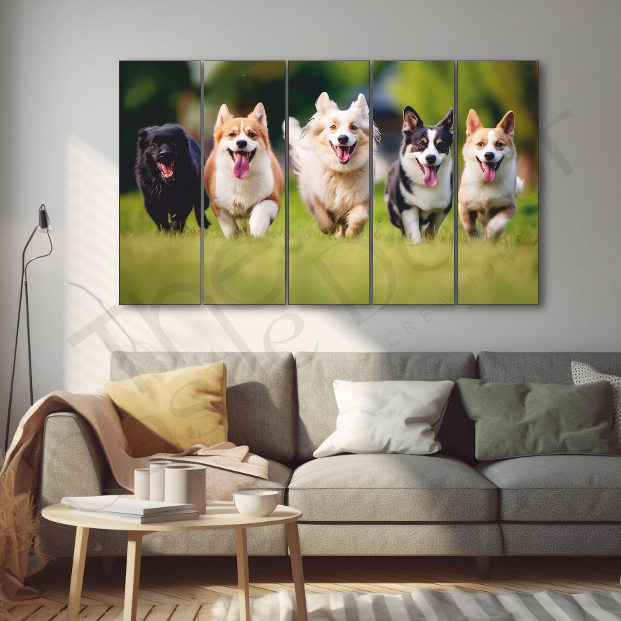 The Castle Decor 5 running Dogs Set of 5 Big Size Multiple Frames Wall Art Painting for living room,Bedroom,Drawing room,Hotels-Wooden Framed-Digital Painting