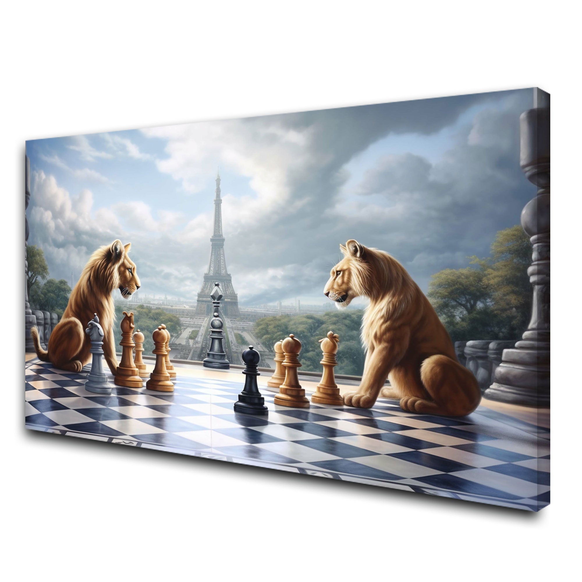 Lions play game chess Canvas painting with frame Big Size Wall Art for living room,Bedroom,Drawing room,Hotels