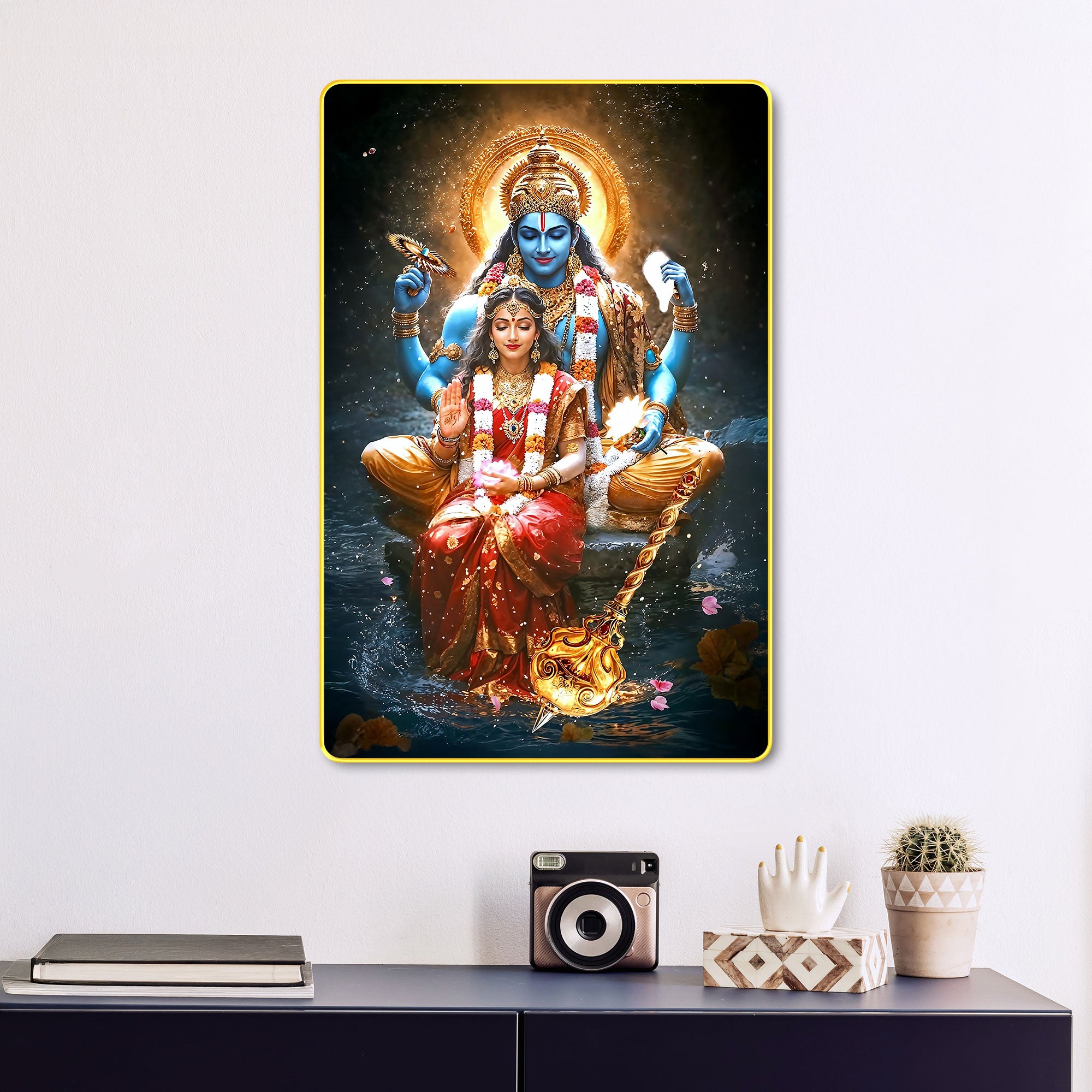 The Castle Decor Vishnu Lakshmi Digital Wall Art | Sparkle Laminated Golden Frame | Divine Spiritual Décor for Pooja Room, Mandir, Home & Office