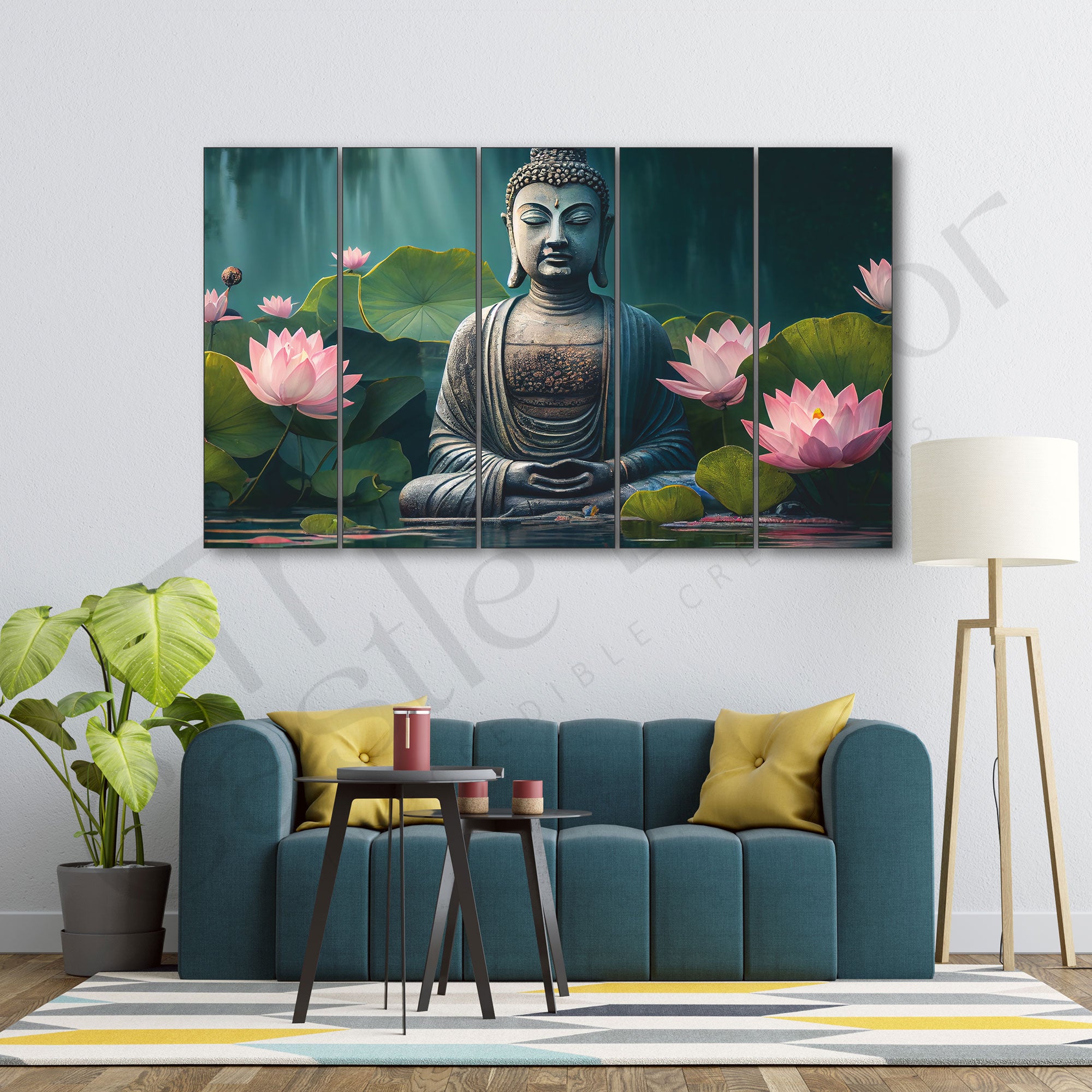Lotus Buddha Zen Decorative Wellness Set of 5 Big Size Multiple Frames Wall Art Painting for living room,Bedroom,Drawing room,Hotels-Wooden Framed-Digital Painting