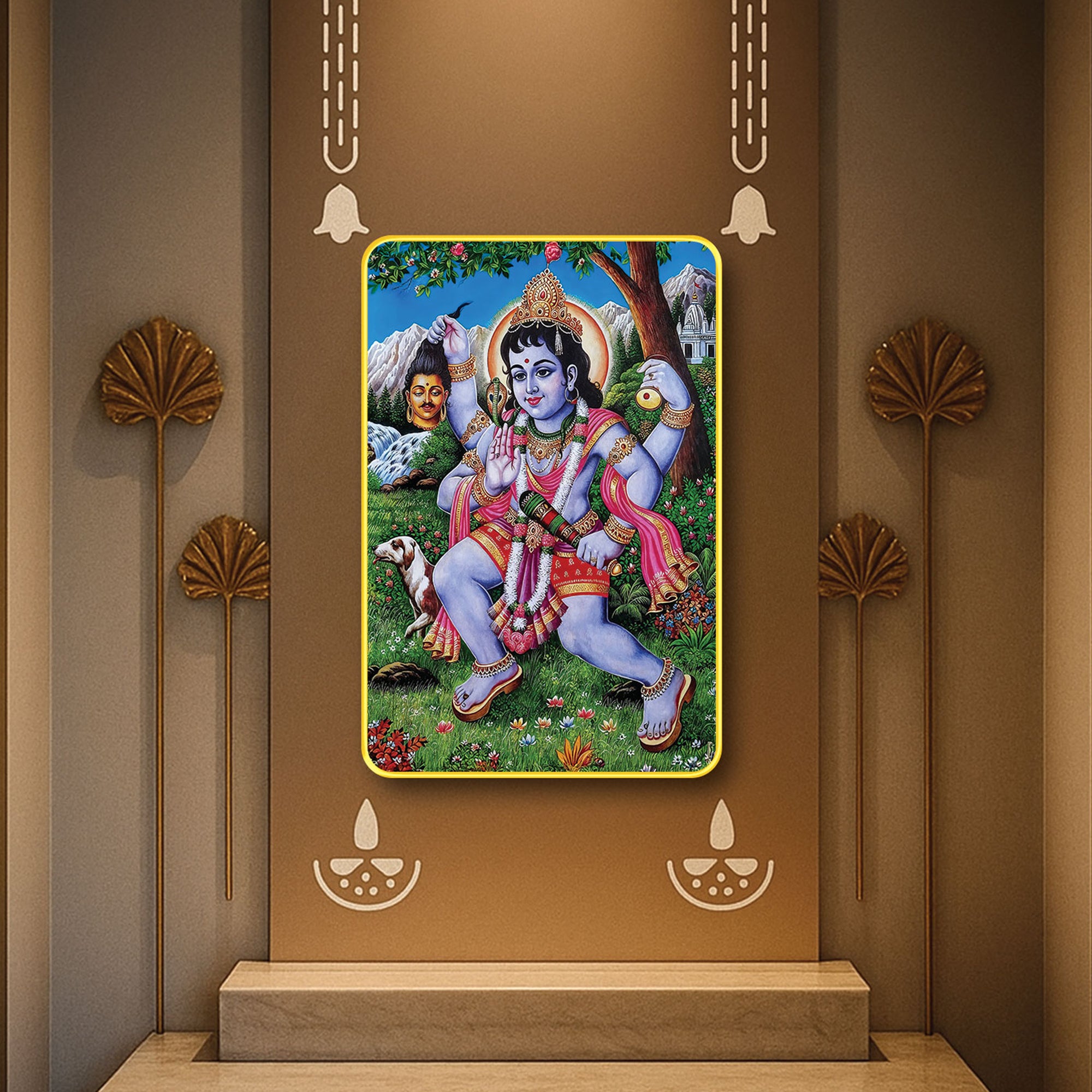 The Castle Decor Kal Bhairav Digital Print with Sparkler Lamination | Golden Slim Frame Wall Art for Home Temple & Office Décor | Hindu God Framed Artwork 20X30 Inches