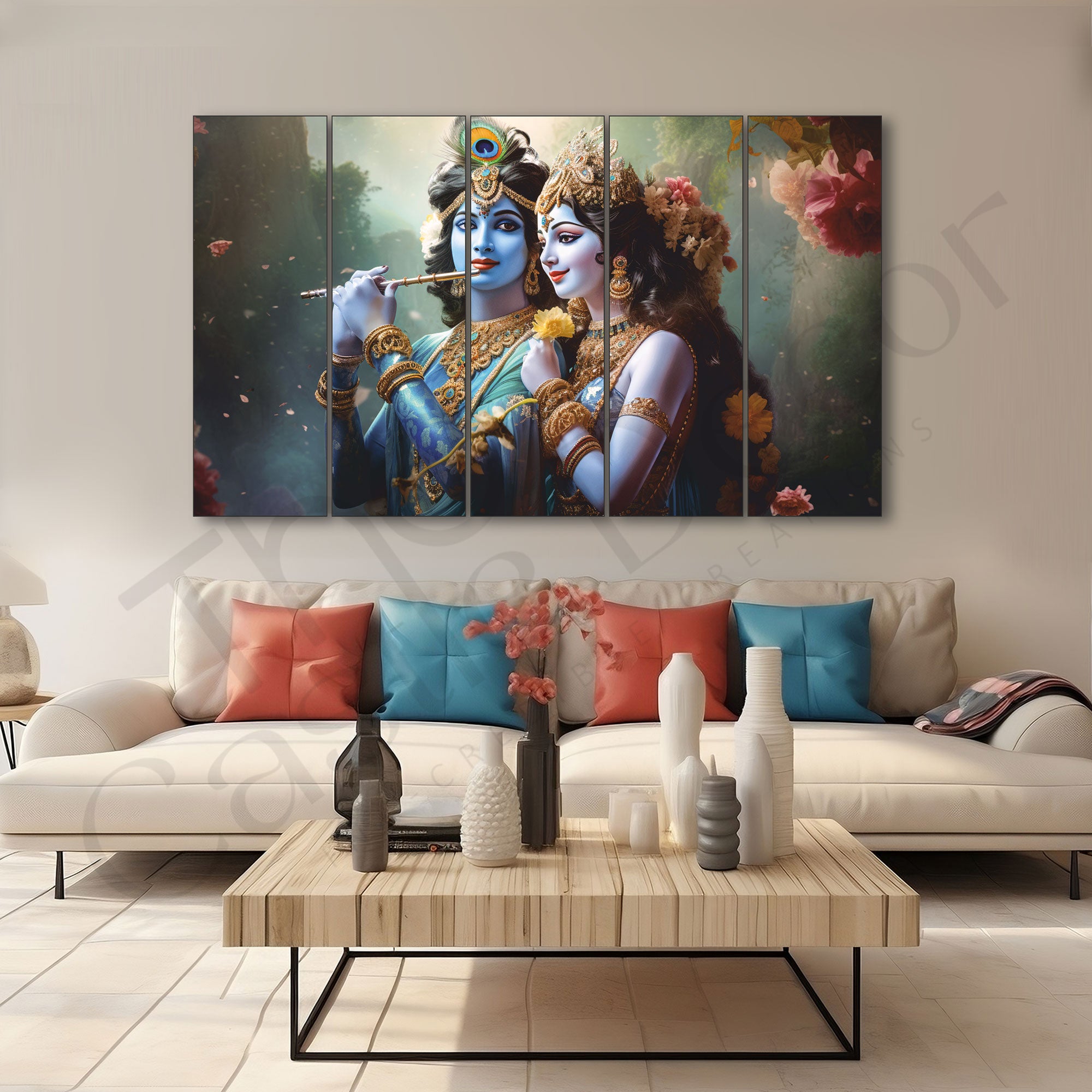 Radha krishna flute.Set of 5 Big Size Multiple Frames Wall Art Painting for living room,Bedroom,Drawing room,Hotels-Wooden Framed-Digital PaintingWooden Framed-Digital Painting