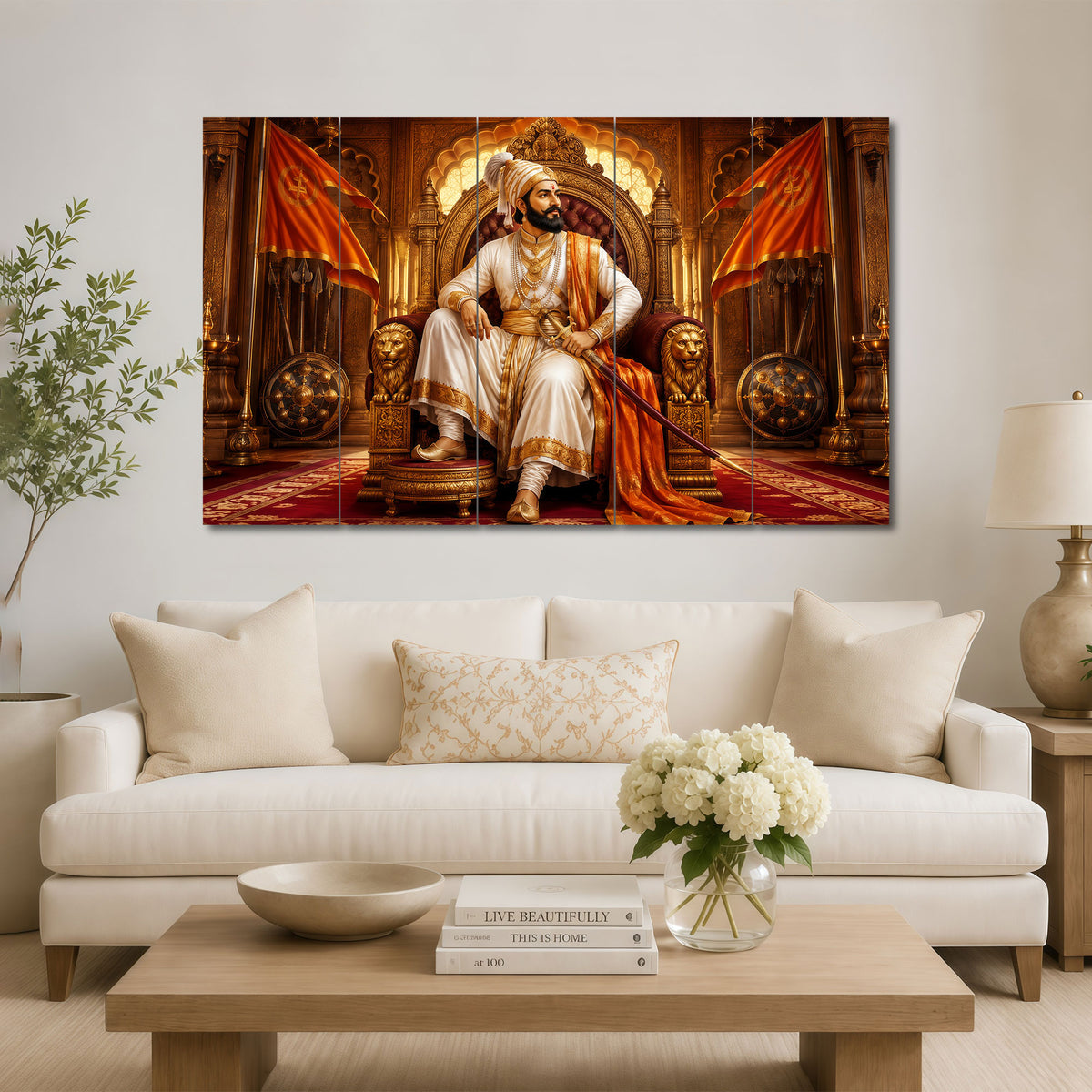 The Castle Decor Chhatrapati Shivaji Maharaj 5 Panel Sparkle Finish Wall Painting for Living Room Bedroom Office Home Decoration