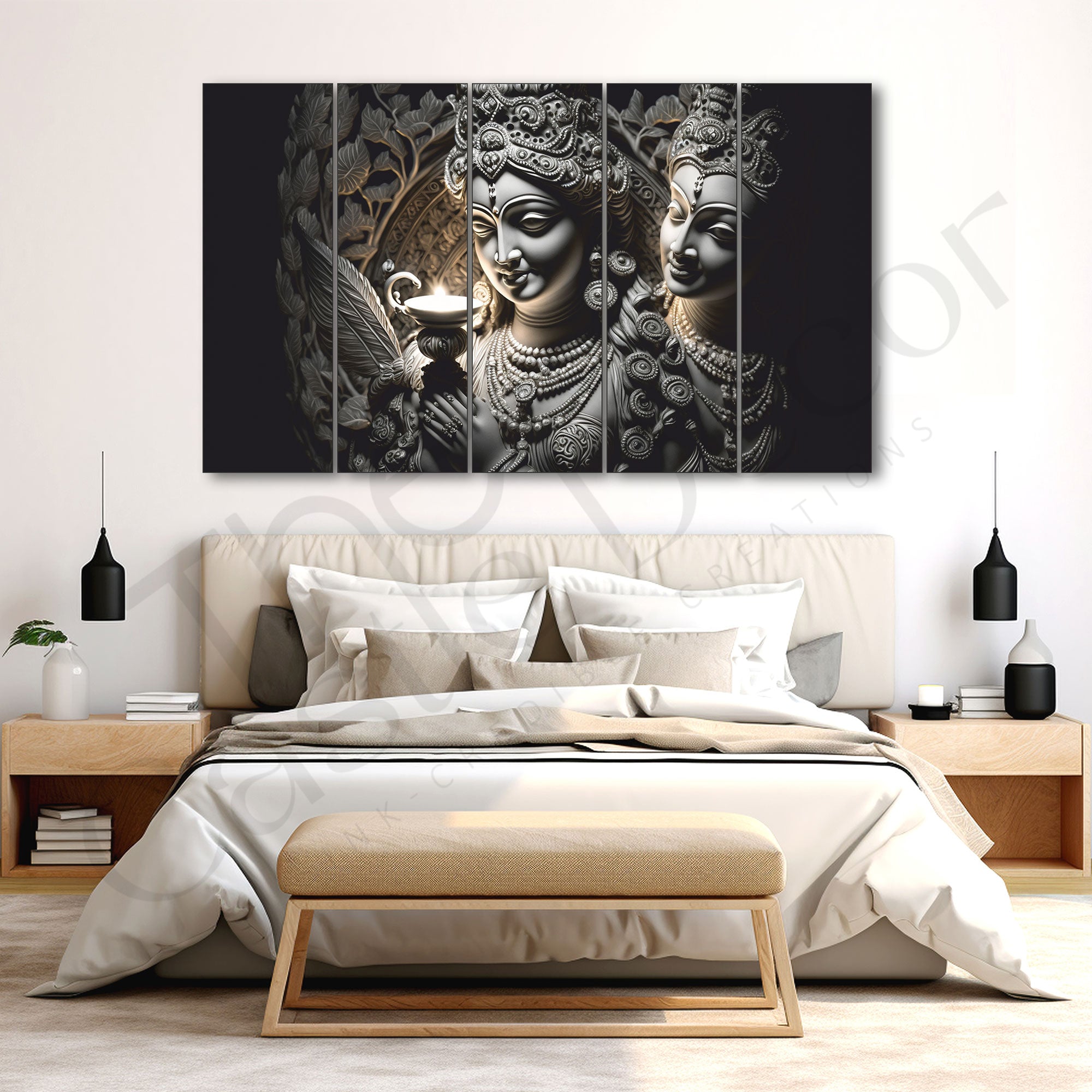 Radha.krishan Set of 5 Big Size Multiple Frames Wall Art Painting for living room,Bedroom,Drawing room,Hotels-Wooden Framed-Digital Painting