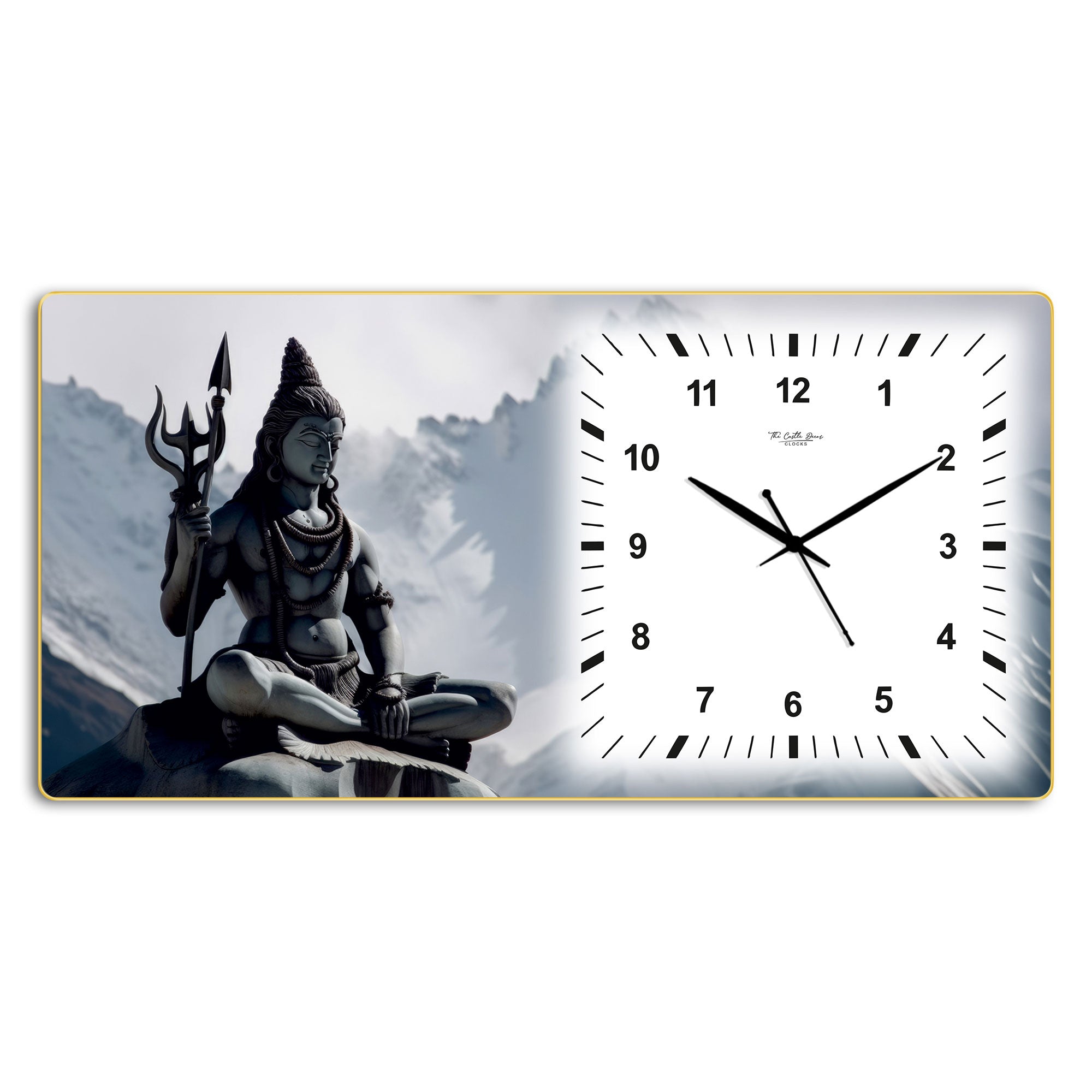 The Castle Decor Lord Shiva Meditation Decorative Wall Clock 24x12 Inch, Silent Sweep Non-Ticking Modern Wall Clock with Golden Slim Frame