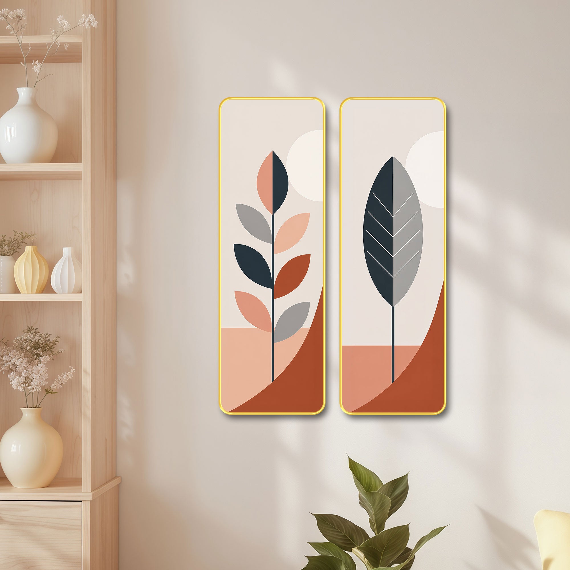 The Castle Decor Modern Abstract Botanical Painting Set of 2 | Beige Terracotta Leaf Wall Art | Aesthetic Home Decor for Hallway Bedroom Office
