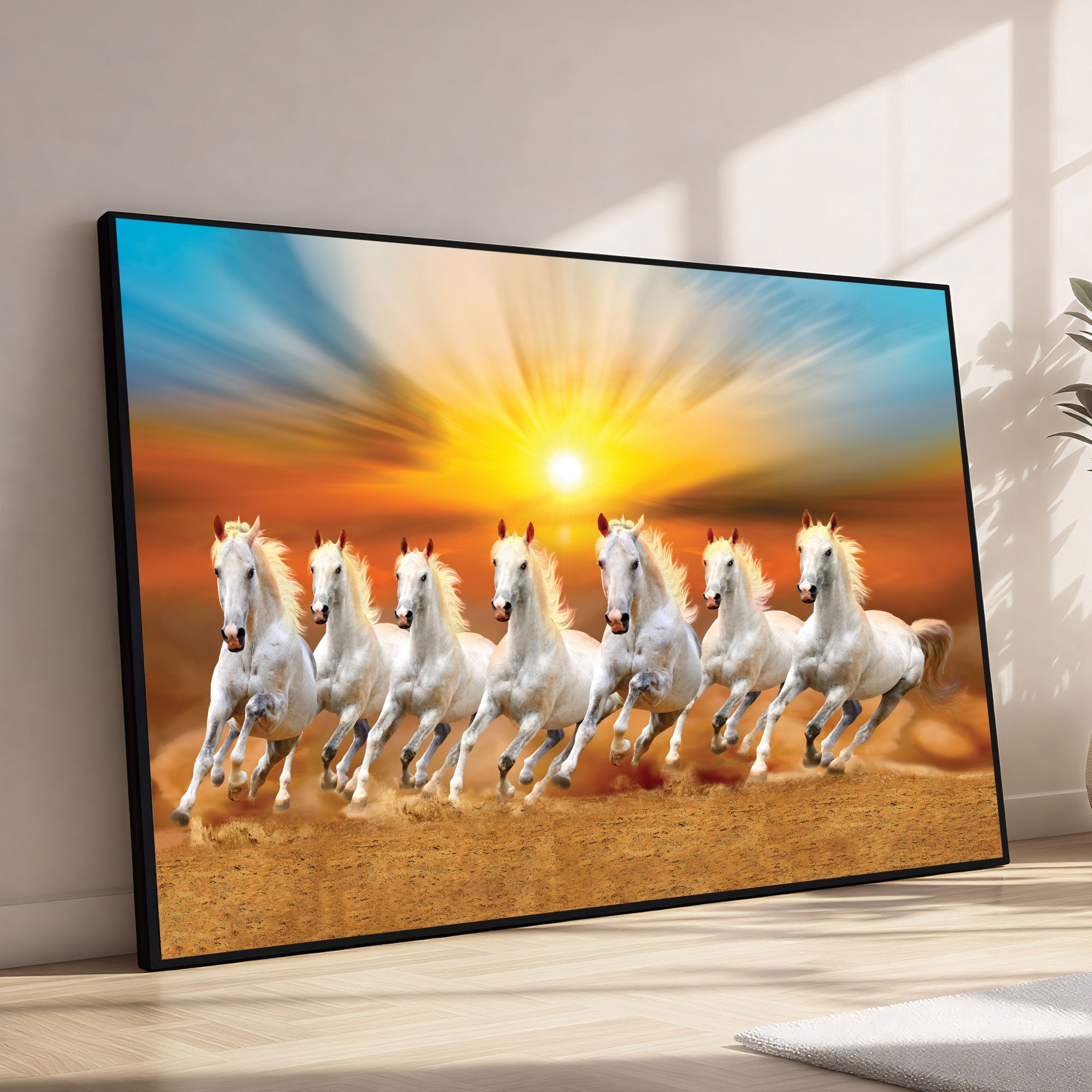 The Castle Decor 7 Running White Horses Wall Painting, Sunrise Sunset Theme, Vastu Wall Art for Living Room, Office, Bedroom Decor 20X30 inch -1005