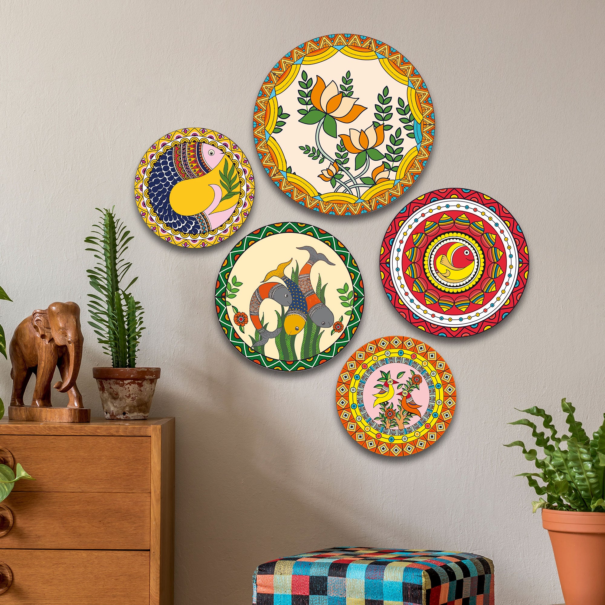 The Castle Decor Madhubani Wall Plates Set of 5- Traditional Indian Folk Art Decorative Plates for Living Room, Bedroom,Office,Home Decoration & Gift for All