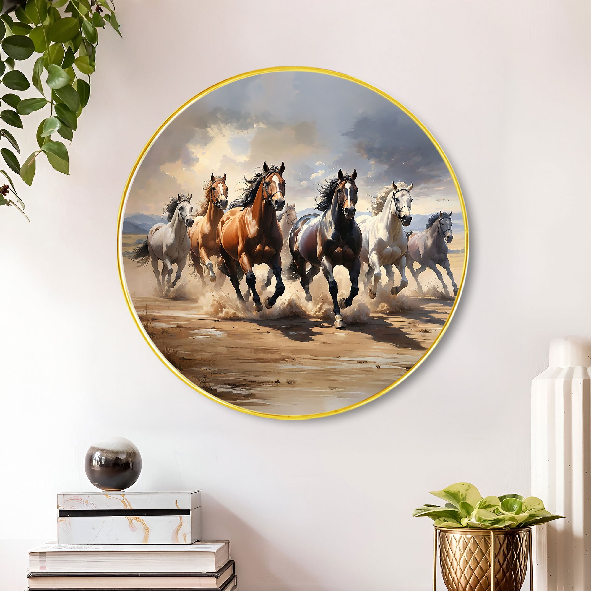 The Castle Decor Vastu 7 Running Horses Wall Décor Round | Golden Slim Frame Artwork for Home, Hotel, Living Room, Bedroom & Gift
