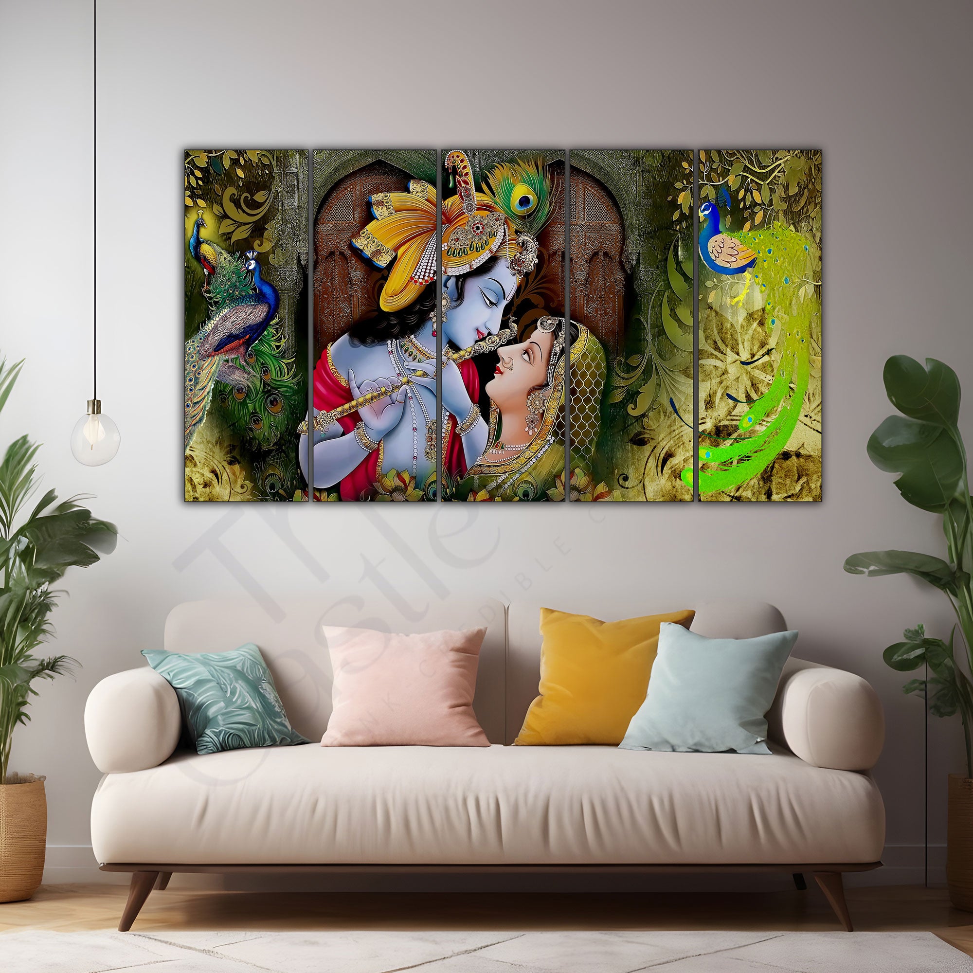 Radha krishan painting with frame Set of 5 Big Size Multiple Frames Wall Art Painting for living room,Bedroom,Drawing room,Hotels-Wooden Framed-Digital Painting