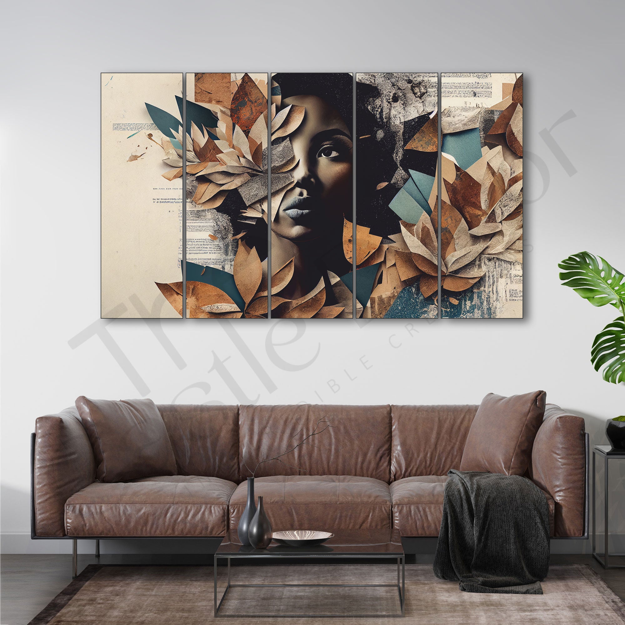 The Leafy Lady A Modern Art Set of 5 Big Size Multiple Frames Wall Art Painting for living room,Bedroom,Drawing room,Hotels-Wooden Framed-Digital Painting