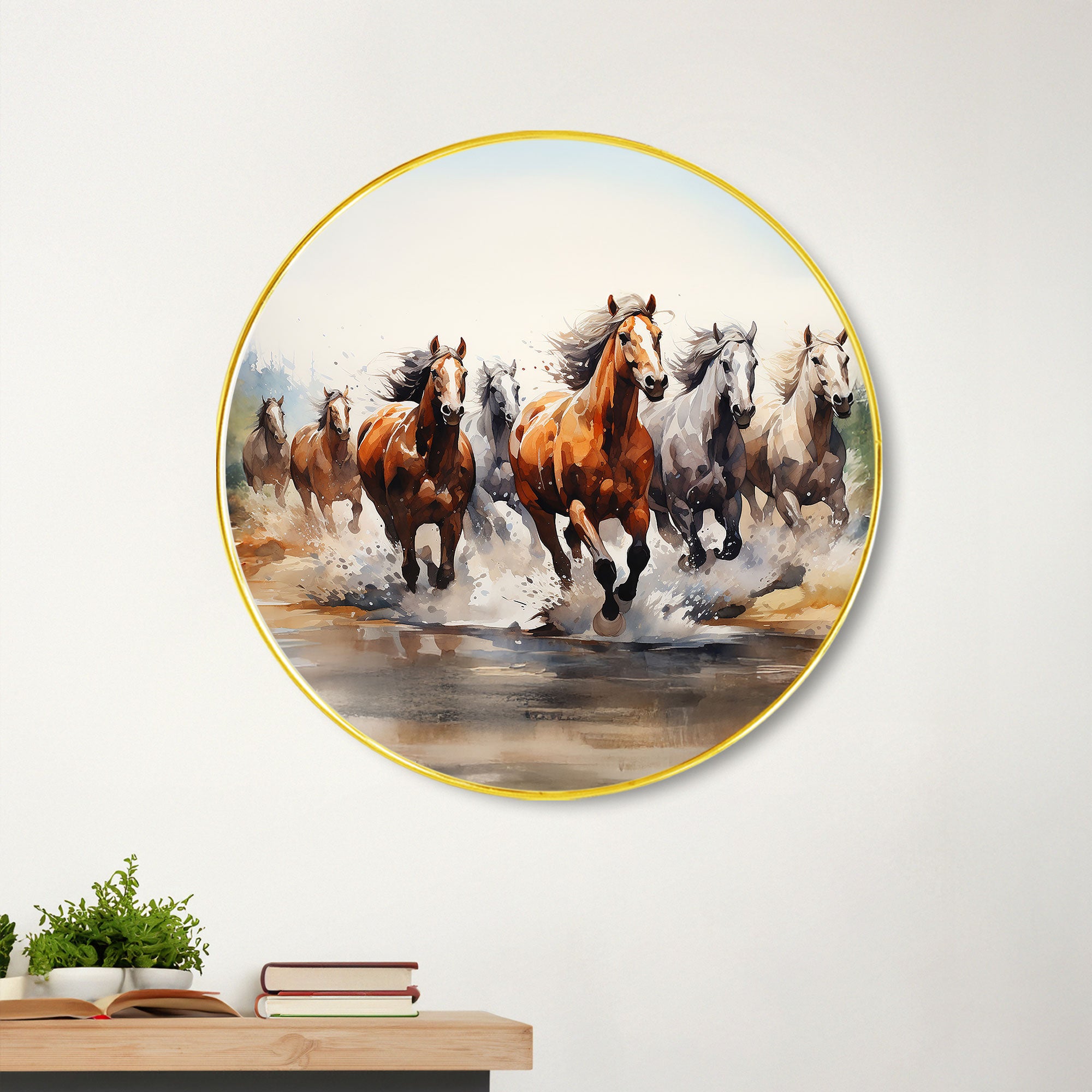 The Castle Decor 7 Running Horses Vastu Wall Art | Round Golden Frame Painting for Home, Hotel, Living Room, Office & Gift Décor